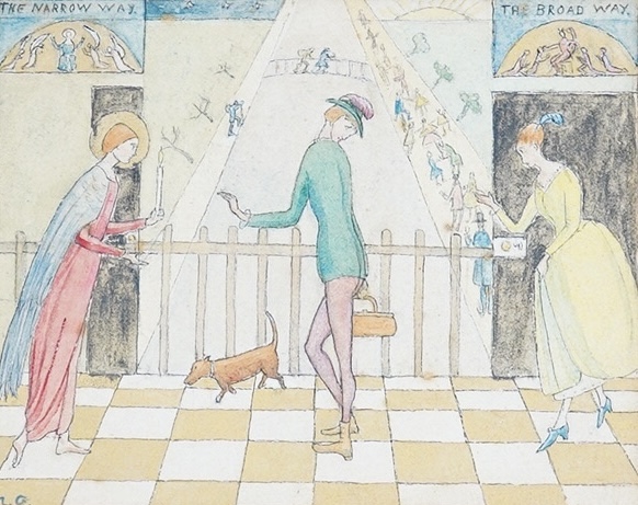 Millicent George (Exh.1912-13), watercolour cartoon, ‘The Broad & Narrow Way’, initialled, ink inscription verso, 10 x 12cm. From the Studio of Fred Cuming. Condition - fair                                               