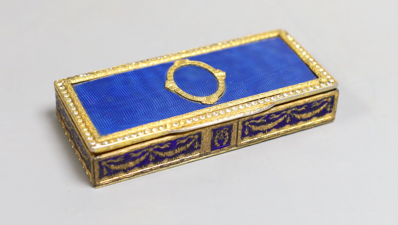 A 19th century decorative French blue enamel and paste box, 10.5cm wide                                                                                                                                                     