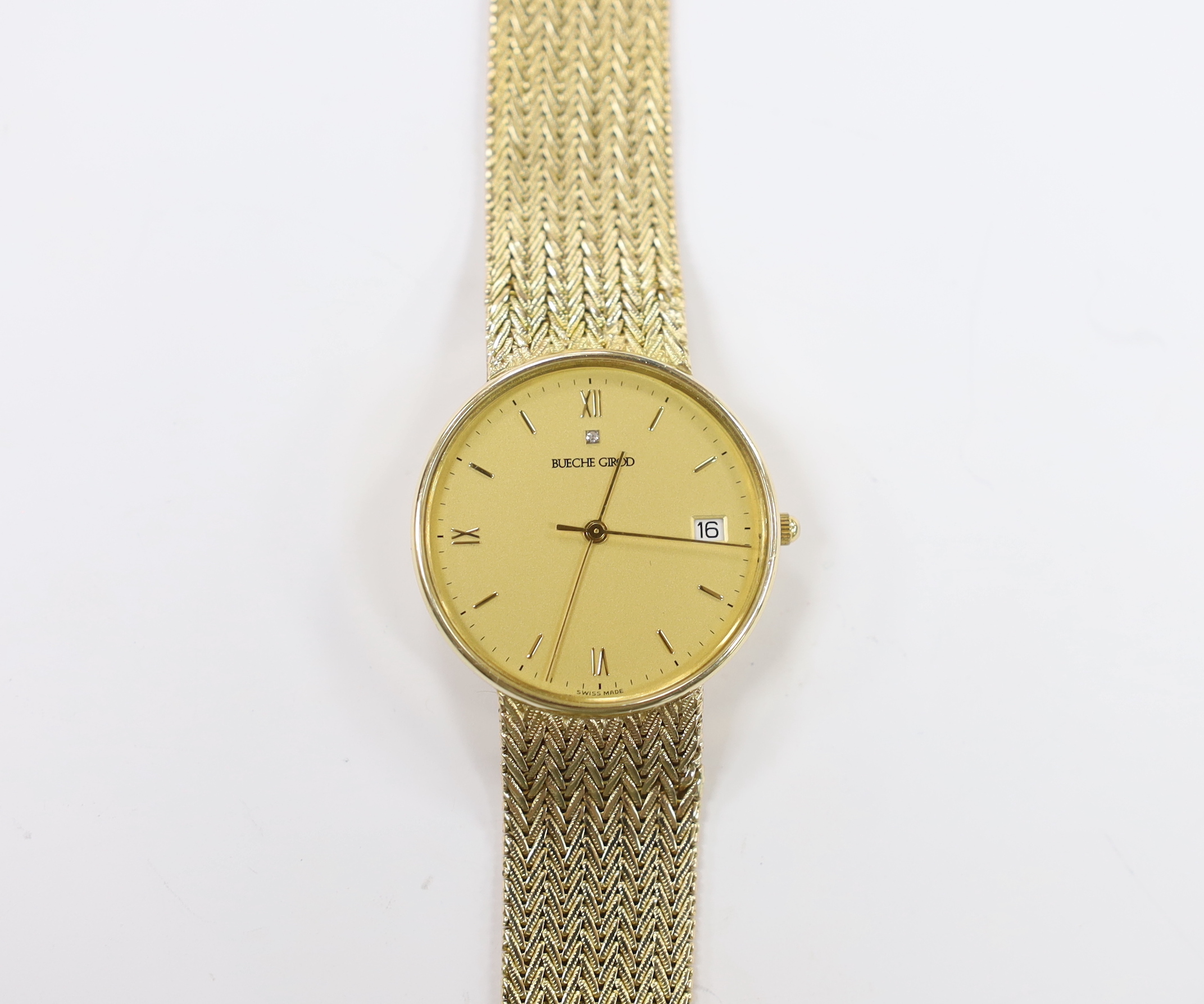 A gentleman's 9ct gold Bueche Girod quartz dress wrist watch, on integral 9ct gold chevron link bracelet, overall length 20.3cm, gross weight 51.8 grams.                                                                   