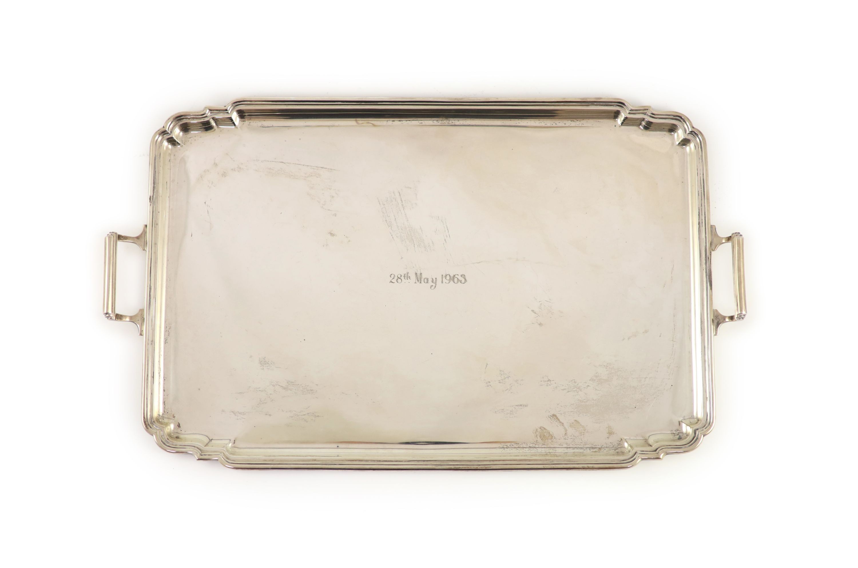 A rectangular silver two-handled tray, by Mappin & Webb,                                                                                                                                                                    