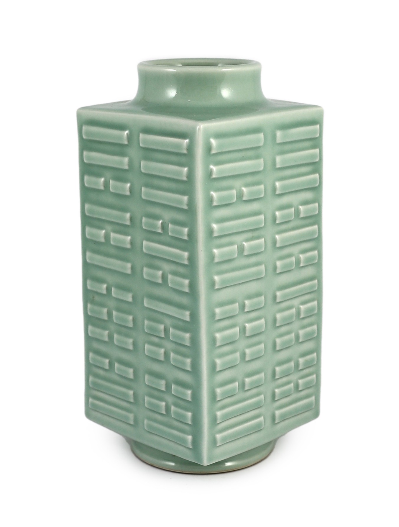 A Chinese celadon glazed ‘eight trigrams’ square vase, cong, Guangxu six character mark probably later, 30cm high                                                                                                           