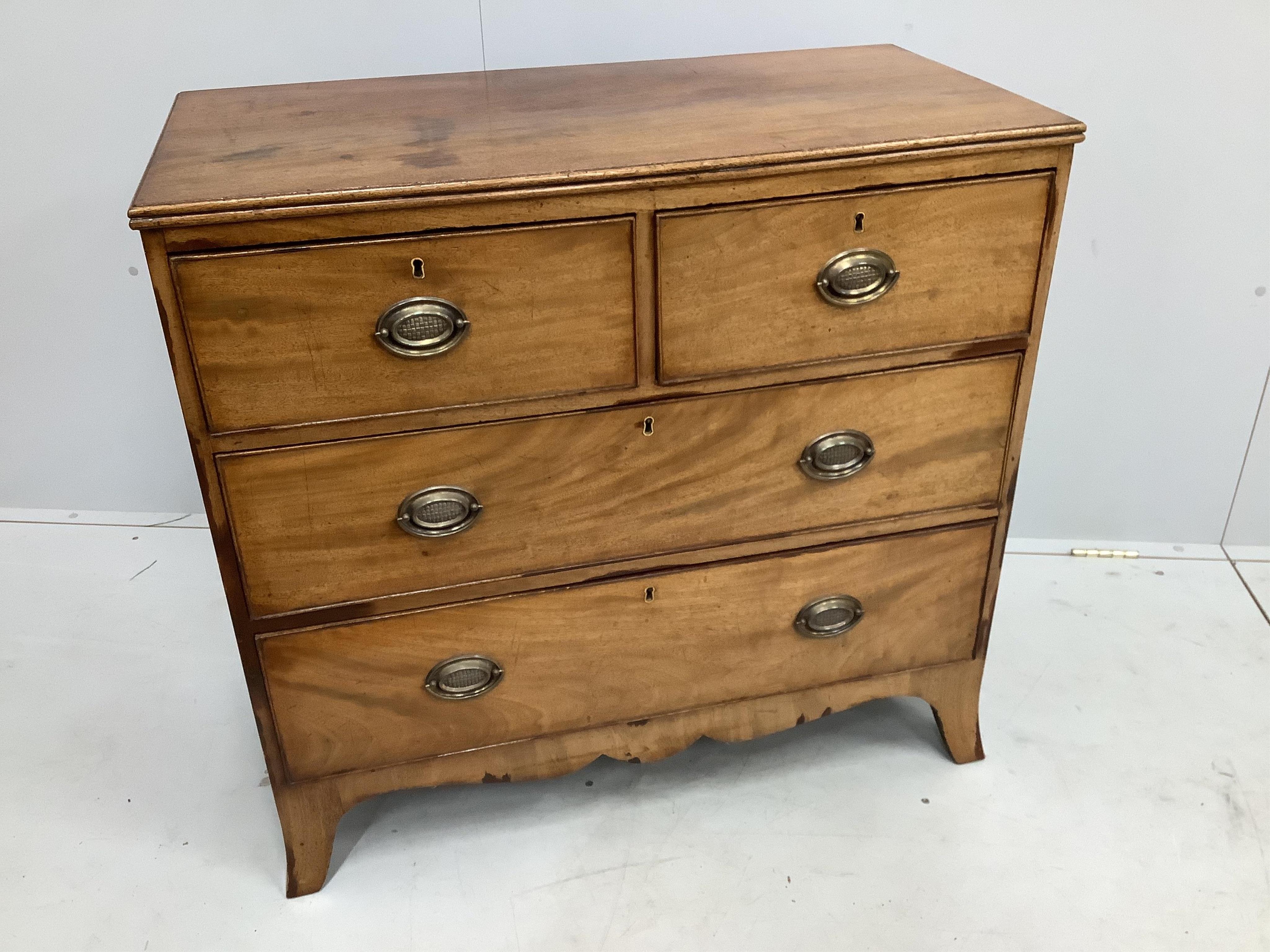 A small Regency mahogany four drawer chest, width 89cm, depth 44cm, height 84cm                                                                                                                                             