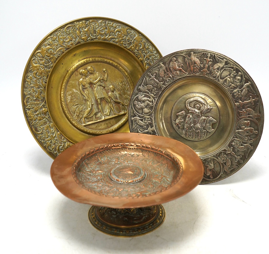 A group of electrotype copper and brass tazzas and dishes, largest 24cm diameter. Condition - fair to good                                                                                                                  
