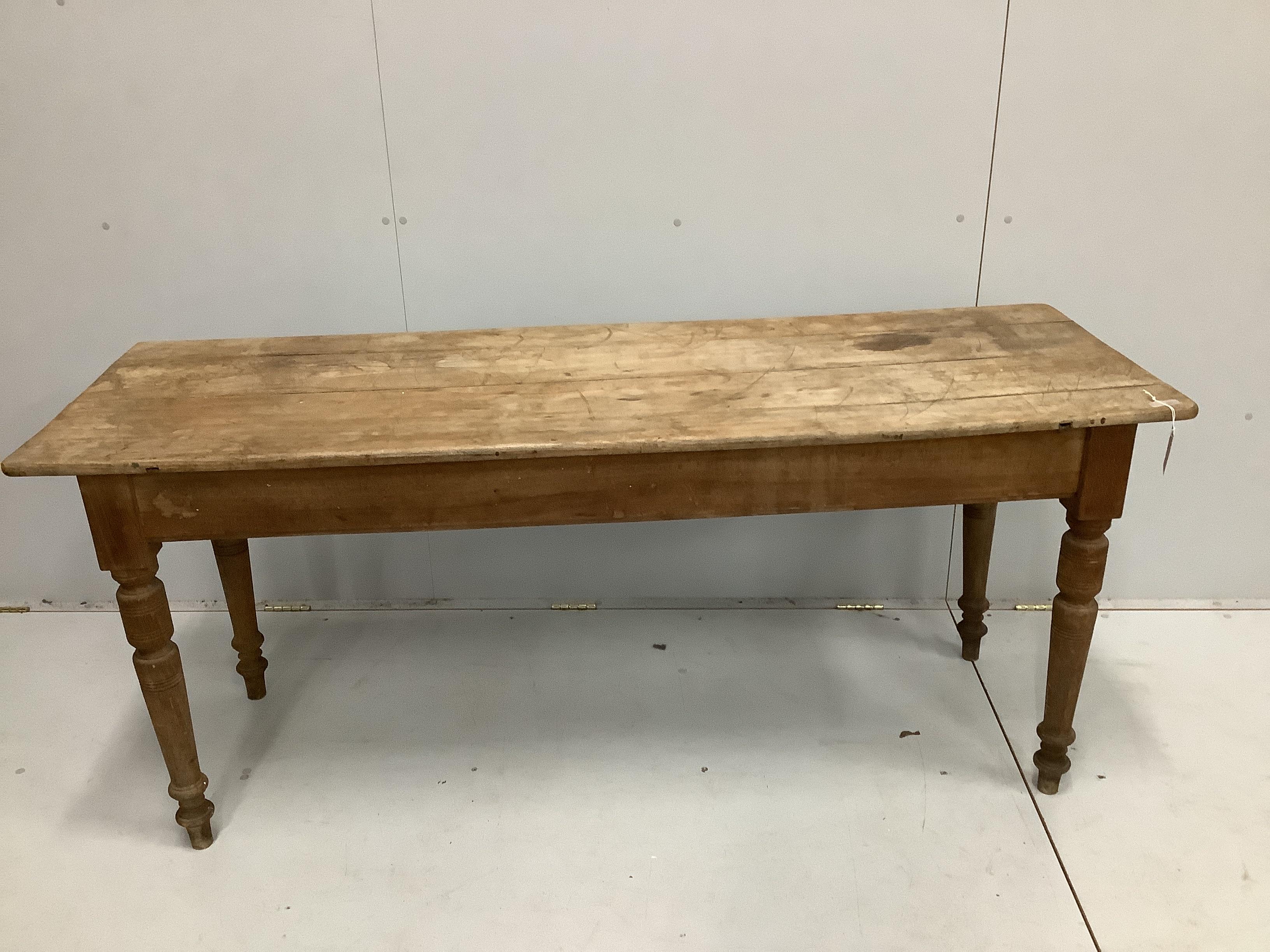 A Victorian rectangular fruitwood kitchen table, width 174cm, depth 60cm, height 76cm                                                                                                                                       
