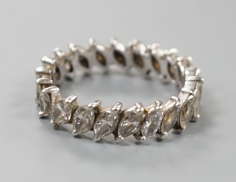 A white metal and marquise cut diamond set full eternity ring, size O/P, gross weight 5.2                                                                                                                                   