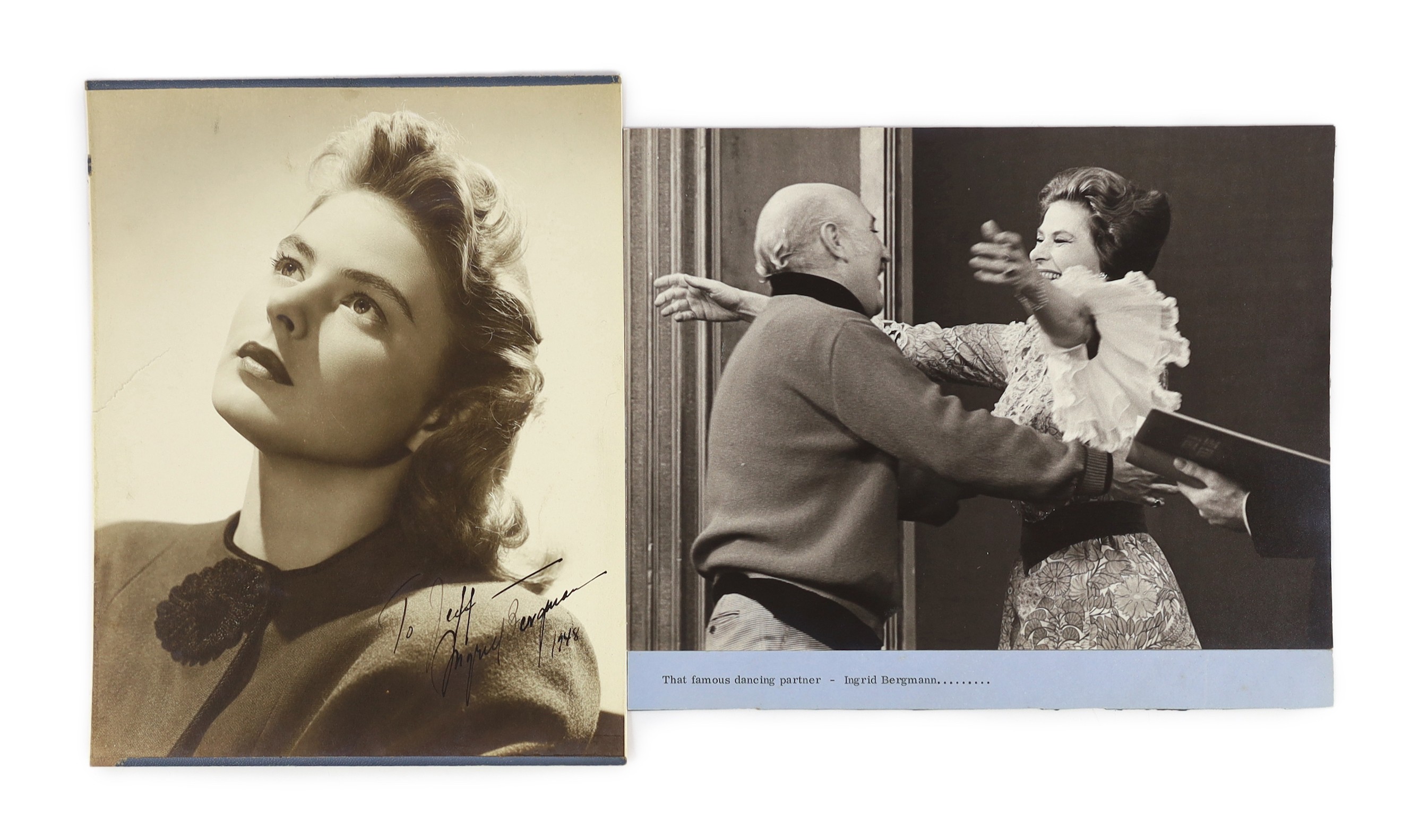 Ingrid Bergman (1915-1982) - a signed black and white photograph, inscribed, ‘’To Jeff, Ingrid Bergman, 1948’’, [“Jeff’’ being Lionel Jeffries] 23.5 x 18.5cms; and a further image of Ingrid Bergman and Lionel Jeffries, t