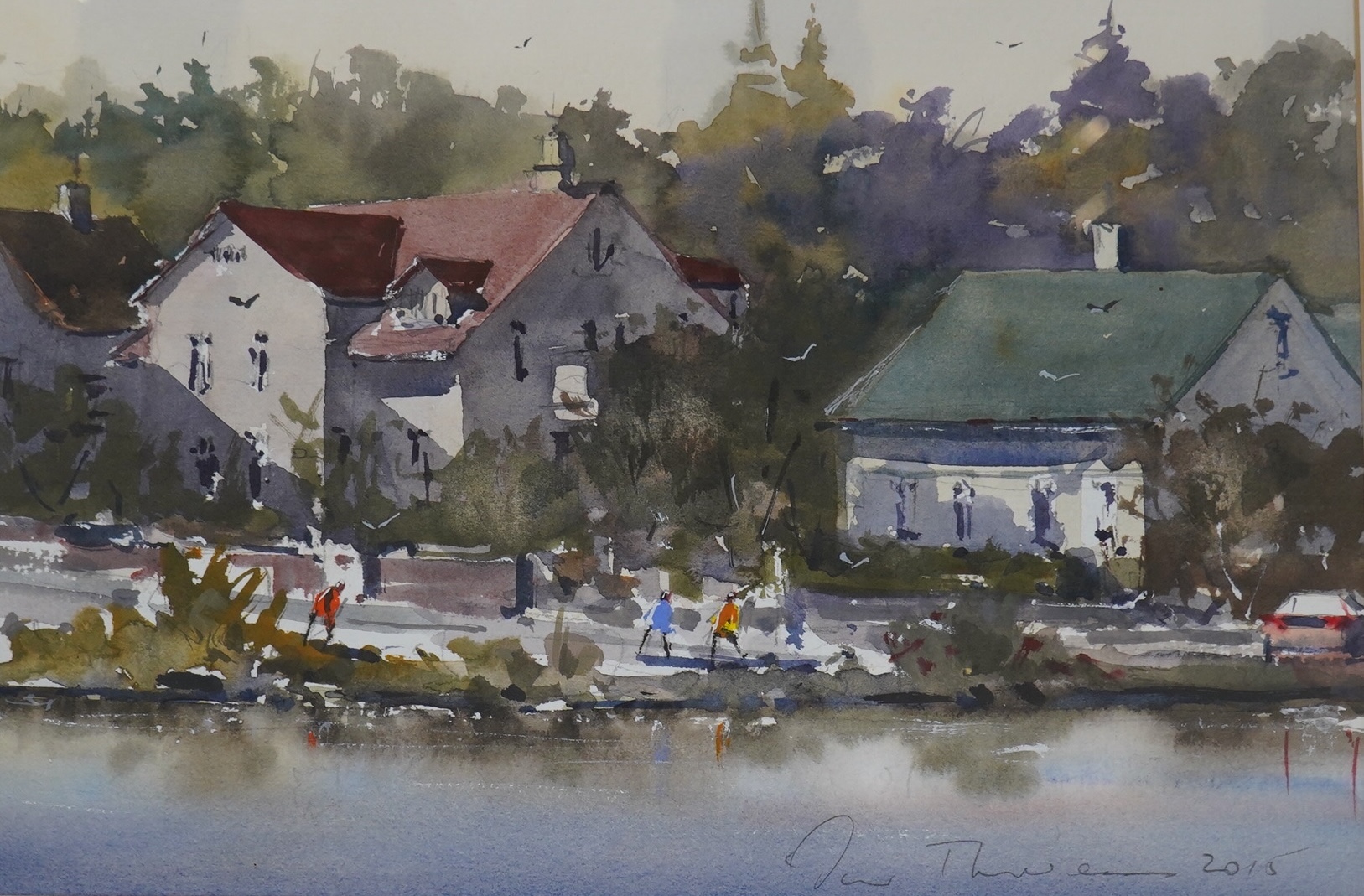 Oskar Thorarensen, watercolour, Riverscape with figures, signed and dated 2015, 22 x 23cm. Condition - good                                                                                                                 
