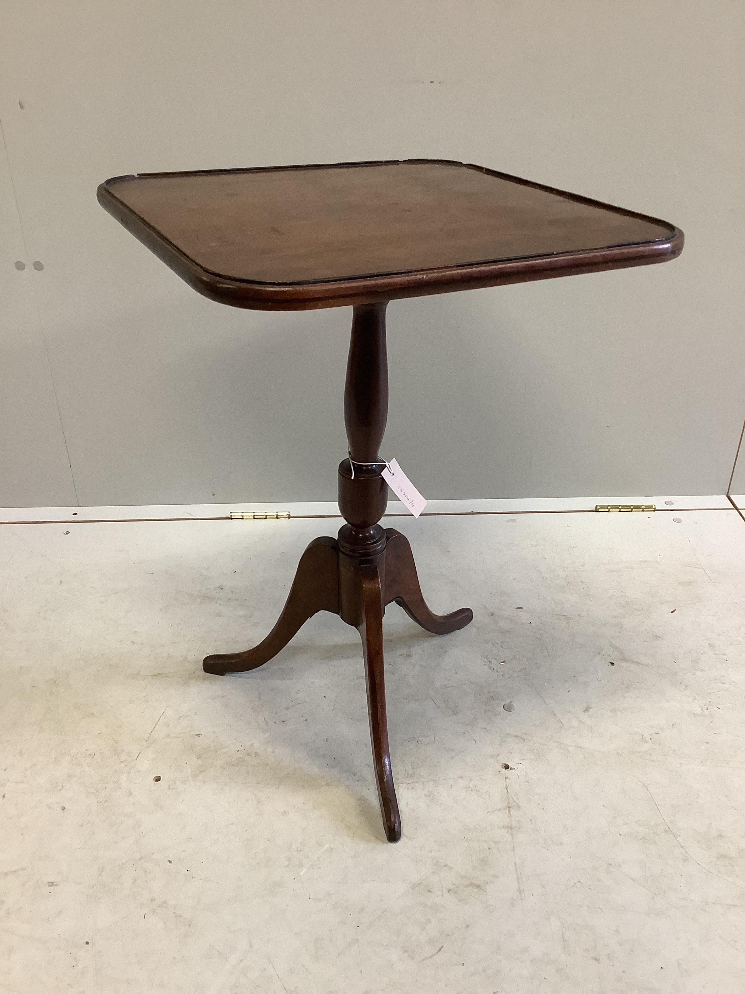 A George III square mahogany tripod wine table with associated top, width 47cm, height 66cm                                                                                                                                 