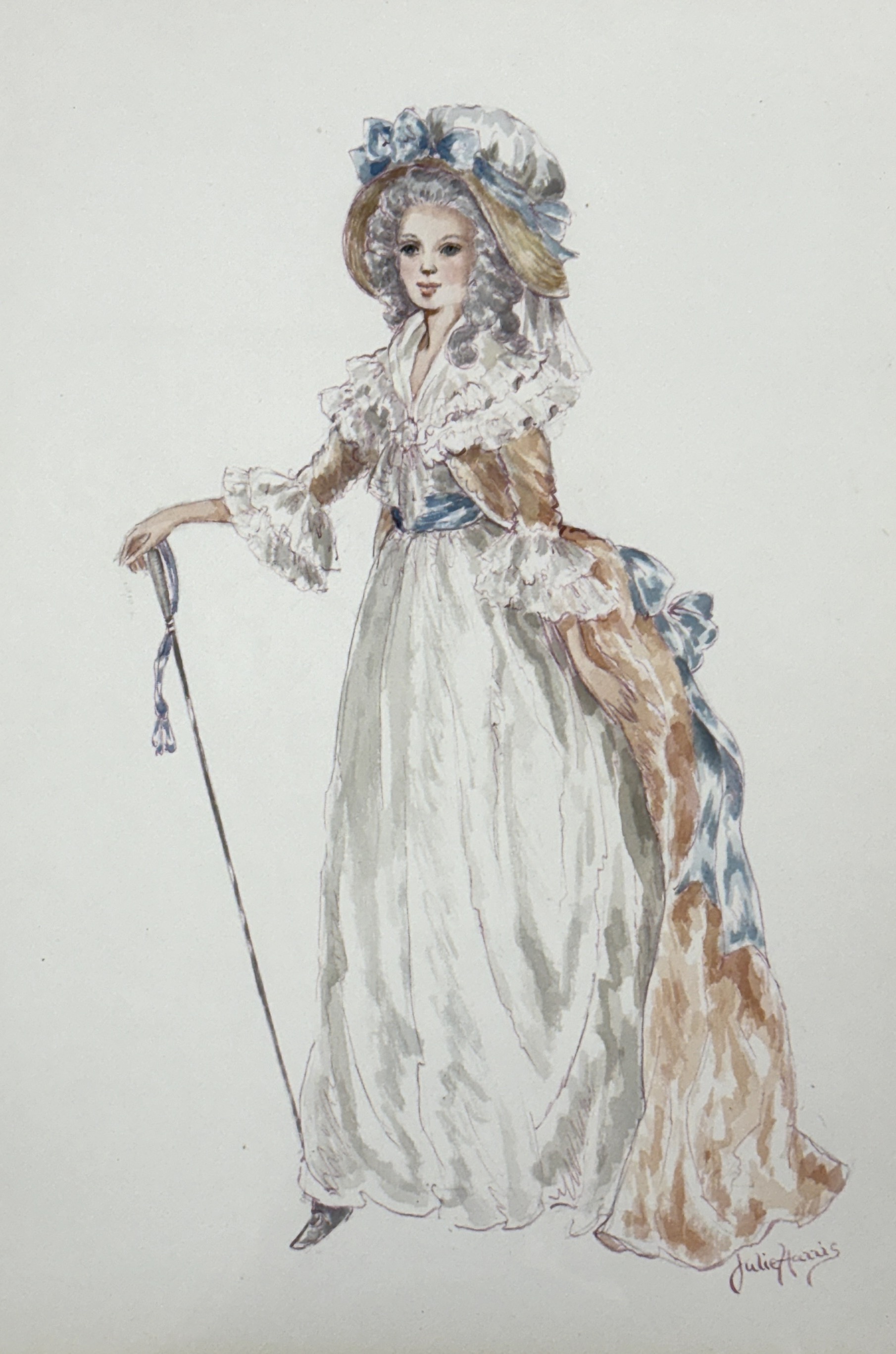 Julie Harris (20th. C), ink and watercolour, Costume design illustration for 'The Slipper and The Rose', signed, 40 x 30cm                                                                                                  
