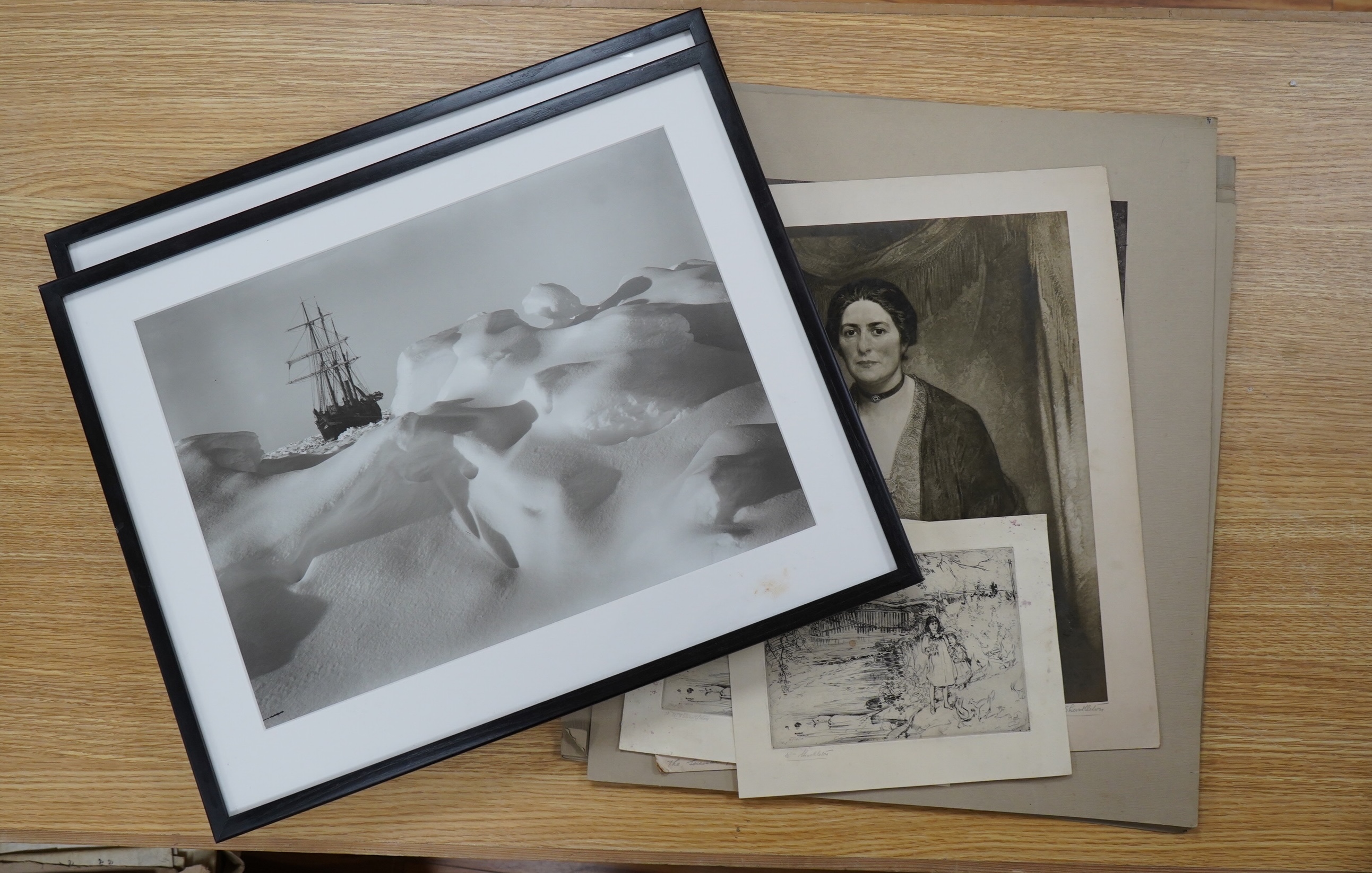 William Shackleton (1872–1933), collection of black and white photographic prints, archive photos and two etchings (Beamsley) including 'Portrait of my wife', some signed and inscribed in pencil, largest 40 x 34cm. Condi