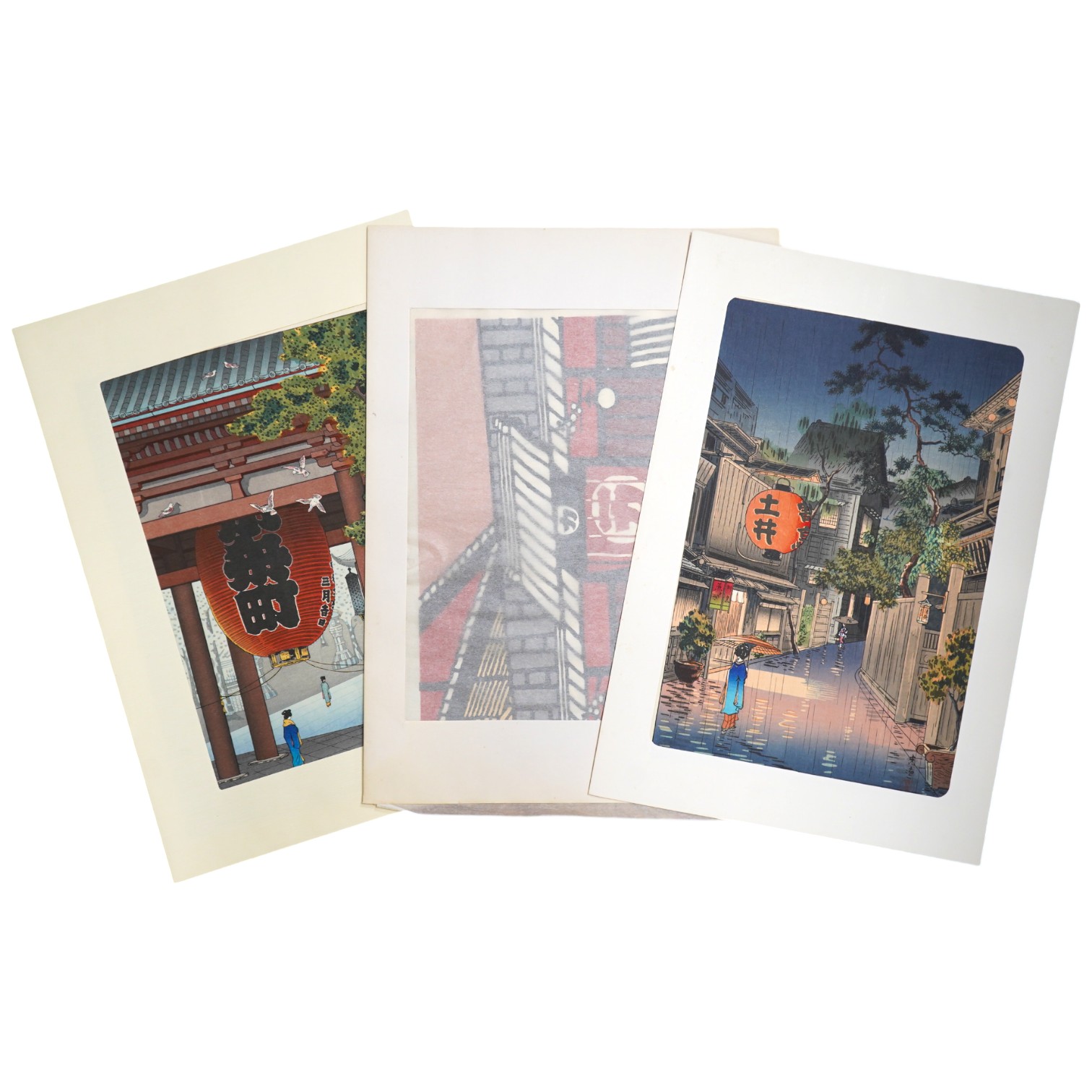 Four Japanese woodblock prints to include After Minagawa Taizo (1917-2005) ‘Ichiriki Tea House’ and after Tsuchiya Koitsu (1870–1949), ‘Evening at Ushigome’, mounted, unframed, 38 x 25cm. Condition - good                