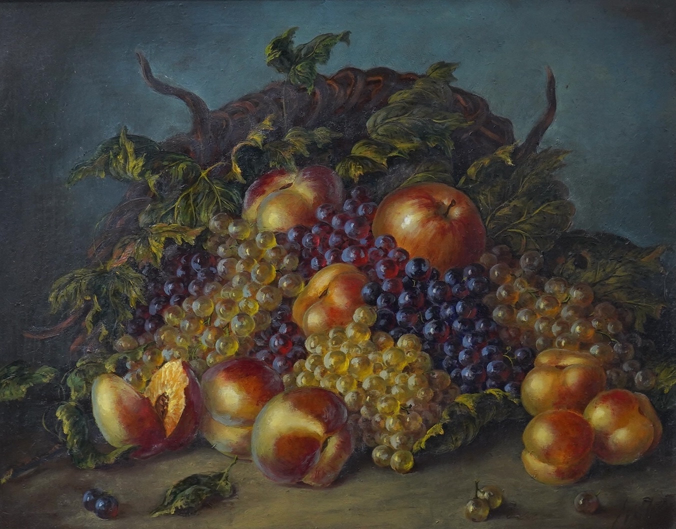 Contemporary Dutch style, oil on board, Still life of fruit, indistinctly signed lower right, 23 x 29cm, gilt framed. Condition - good                                                                                      