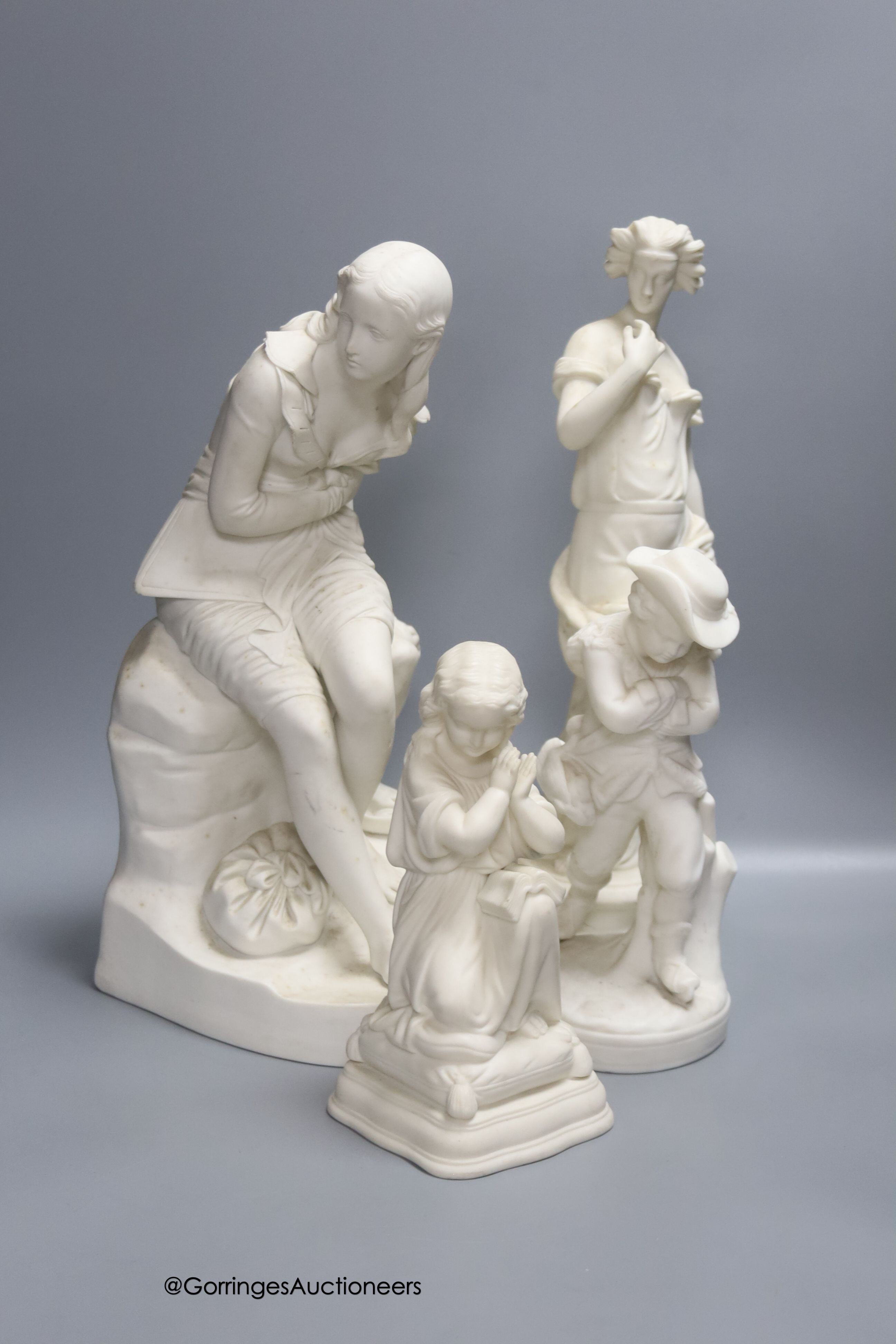 A Minton Parian Ware figure of 'Dorothea' by John Bell, bearing impressed marks to base and three other Parian figures, H 35cm (largest)                                                                                    