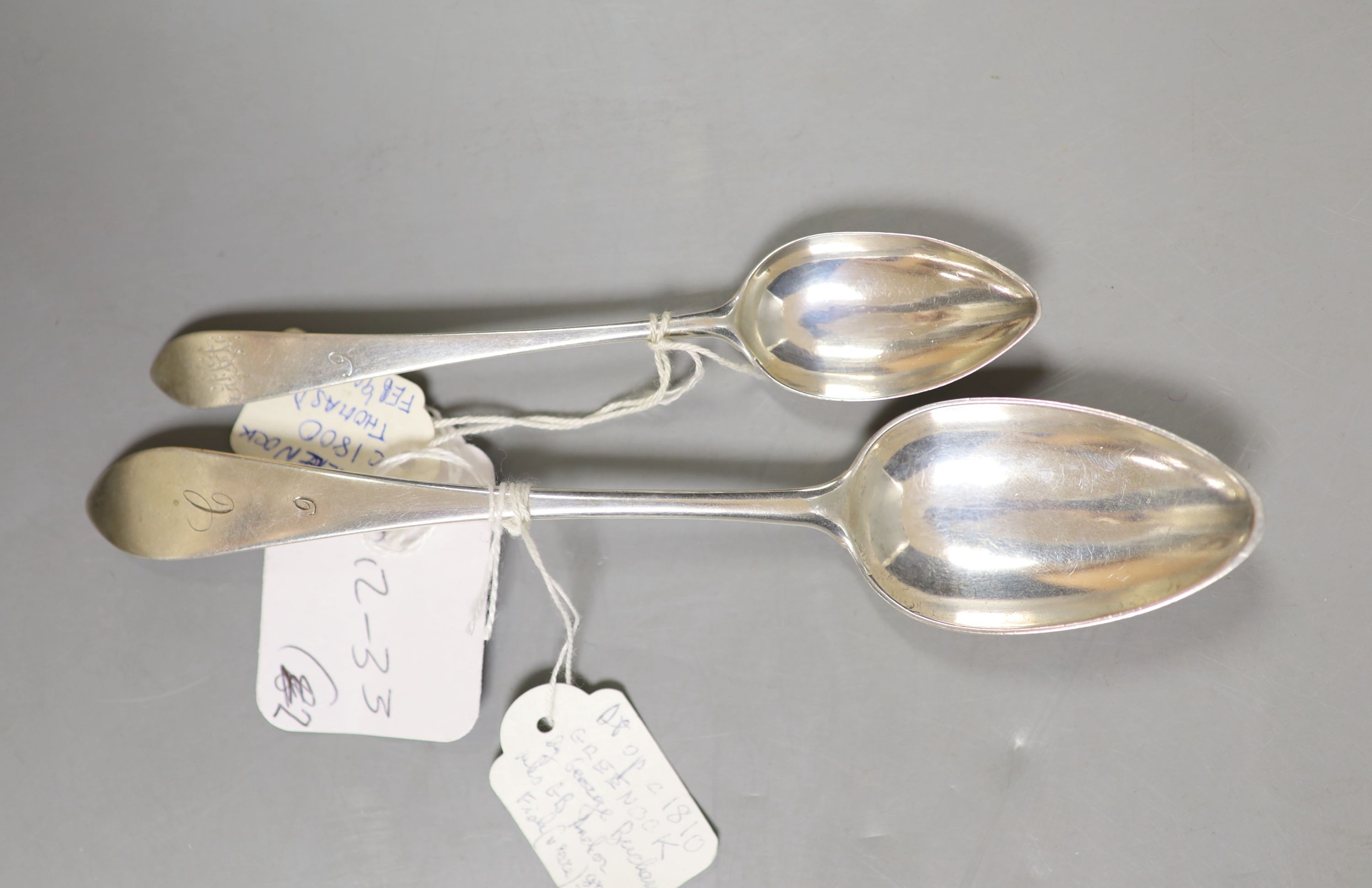 An early 19th century Scottish provincial silver dessert spoon by George Buchanon, Greenock, c.1835, 18cm and a similar teaspoon, Thomas Davie, c.1800, gross 47 grams.                                                     