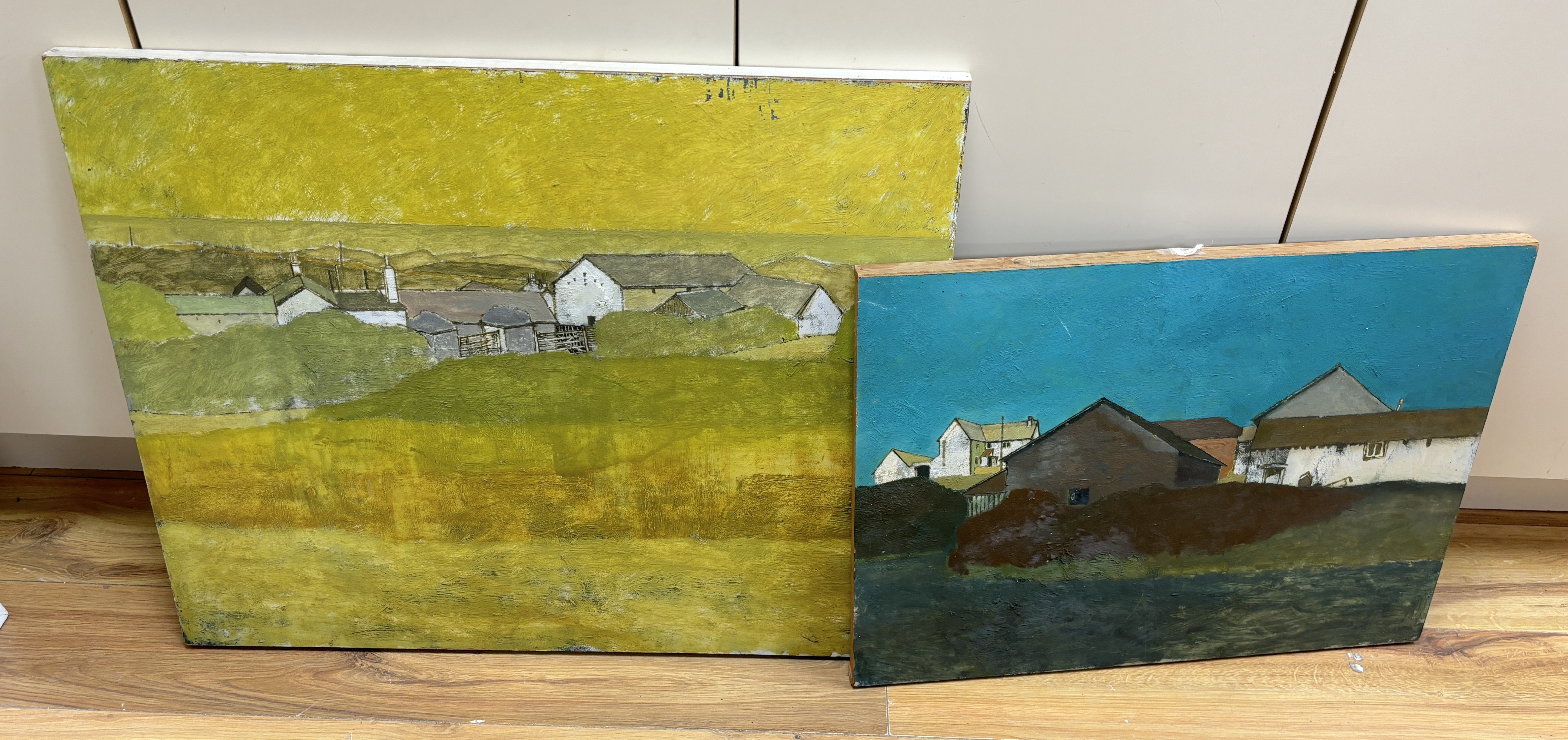 Modern British School, two oils on board, Landscapes with cottages, largest 60 x 76cm, both unframed and unsigned                                                                                                           