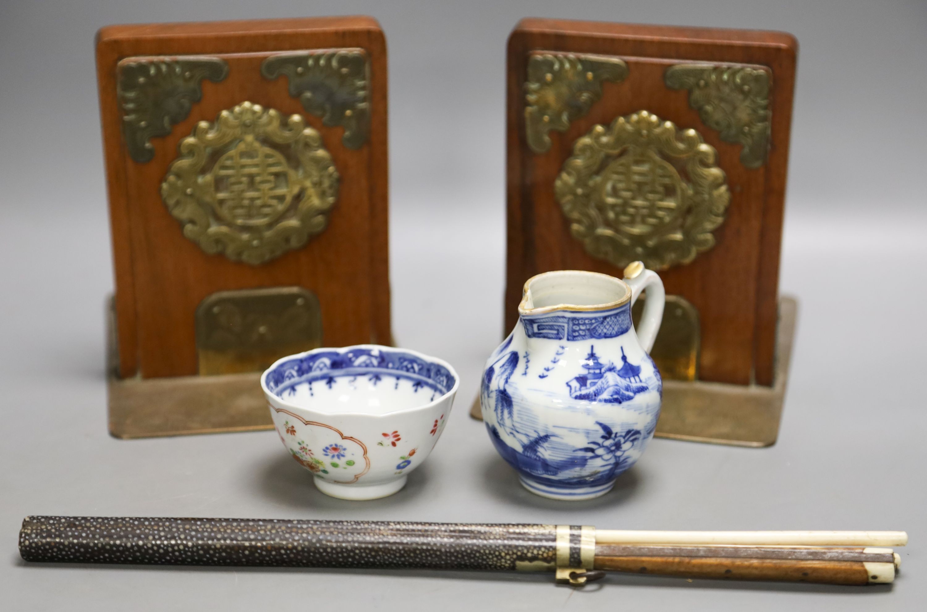 Chinese knife and two bone chopstick in bone inlaid shagreen case, Chinese export cream jug, tea bowl and pair of book-ends                                                                                                 