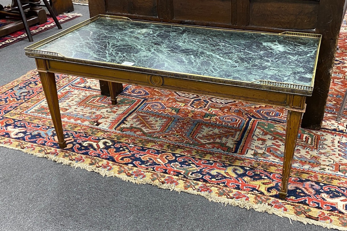 A Louis XVI style rectangular marble topped coffee table, length 110cm, depth 55cm, height 50cm                                                                                                                             