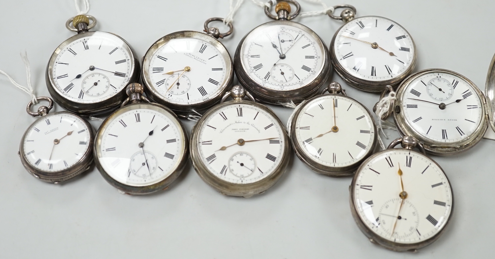 Ten assorted silver or white metal pocket watches including Sir John Bennett and Acme Lever.                                                                                                                                