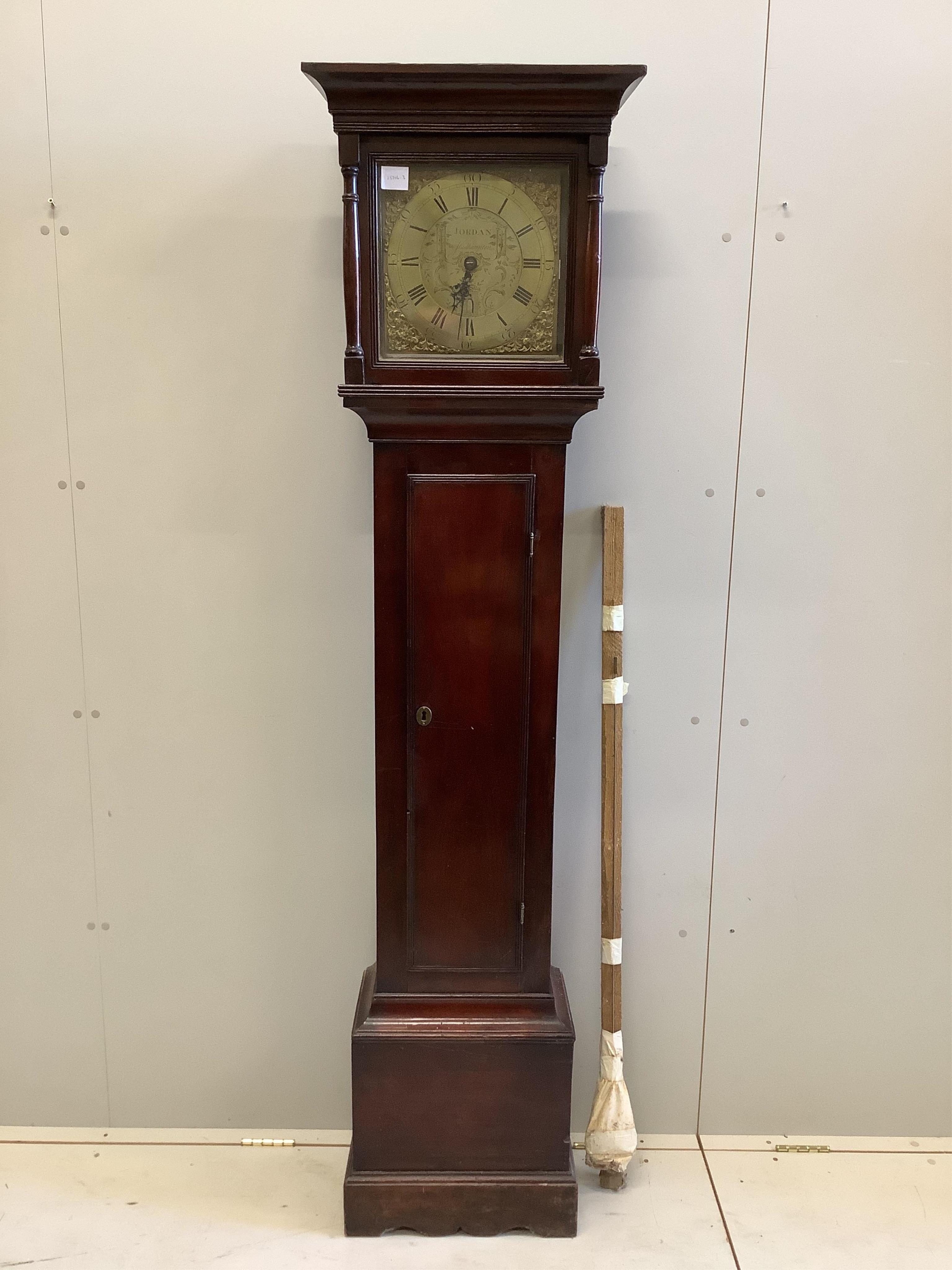 An 18th century mahogany thirty hour longcase clock, the 10.5in. brass dial marked Jordan Stadhampton, height 194cm. Condition - fair                                                                                       