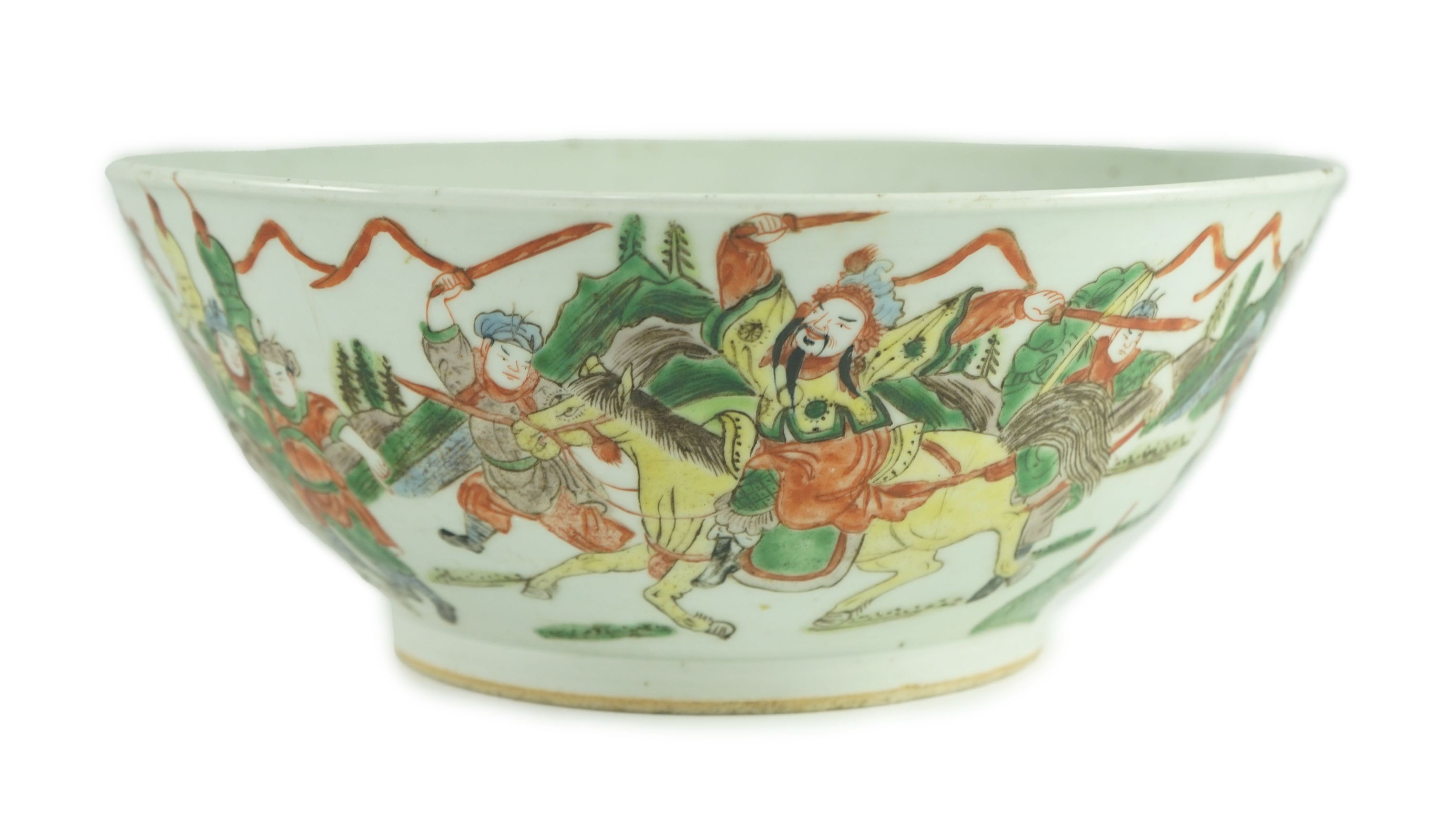 A Chinese famille verte ‘warriors’ bowl, 19th century, 29.7 cm diameter                                                                                                                                                     