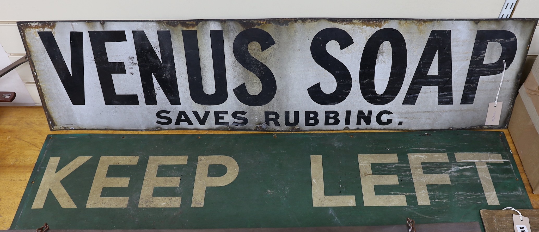 An enamel advertising sign, ‘Venus soap’, 30 x 123cm, and a Southern Railway sign, ‘Keep Left’                                                                                                                              