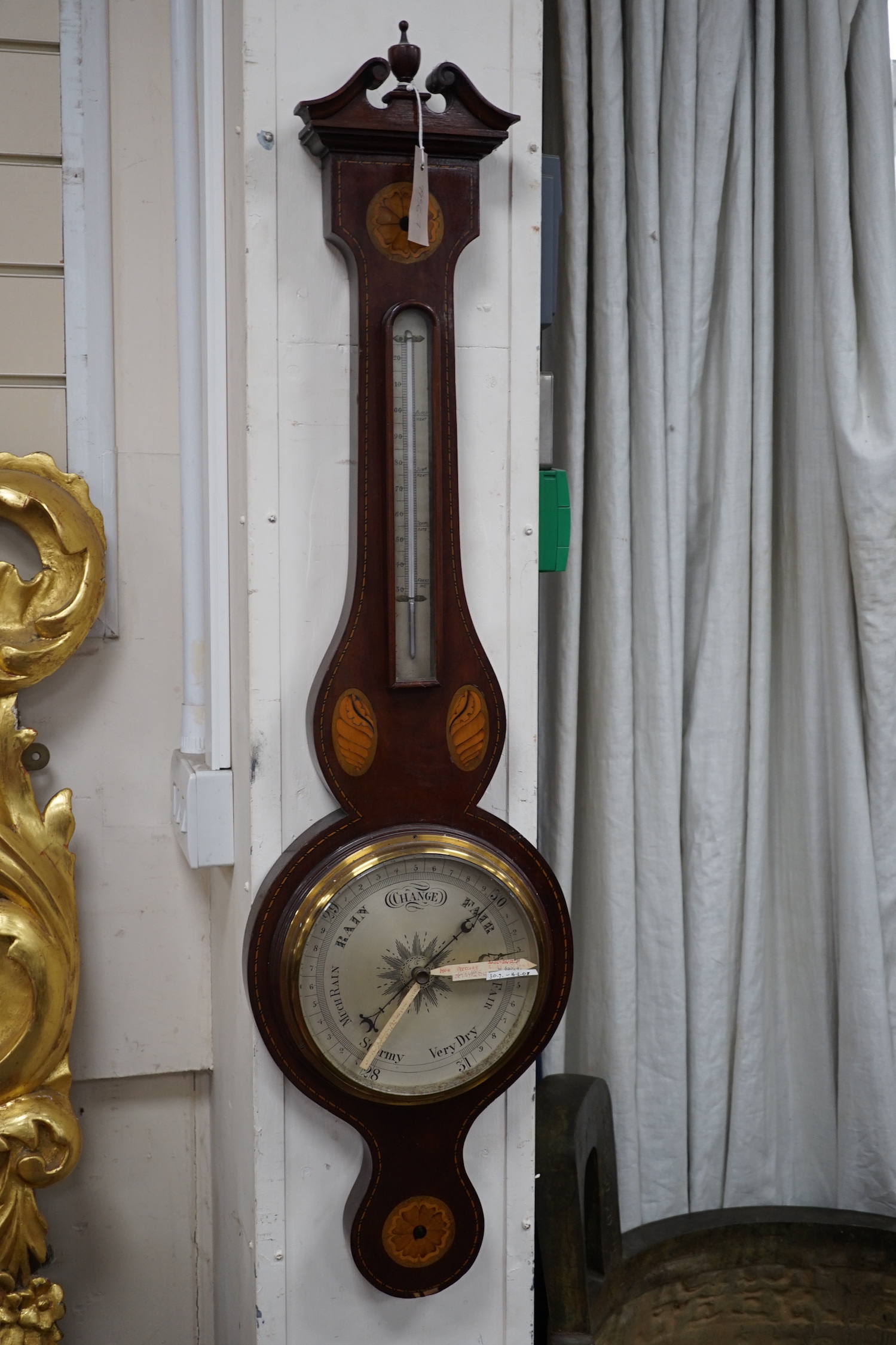 An Edwardian George III style inlaid mahogany barometer, 100cm high                                                                                                                                                         