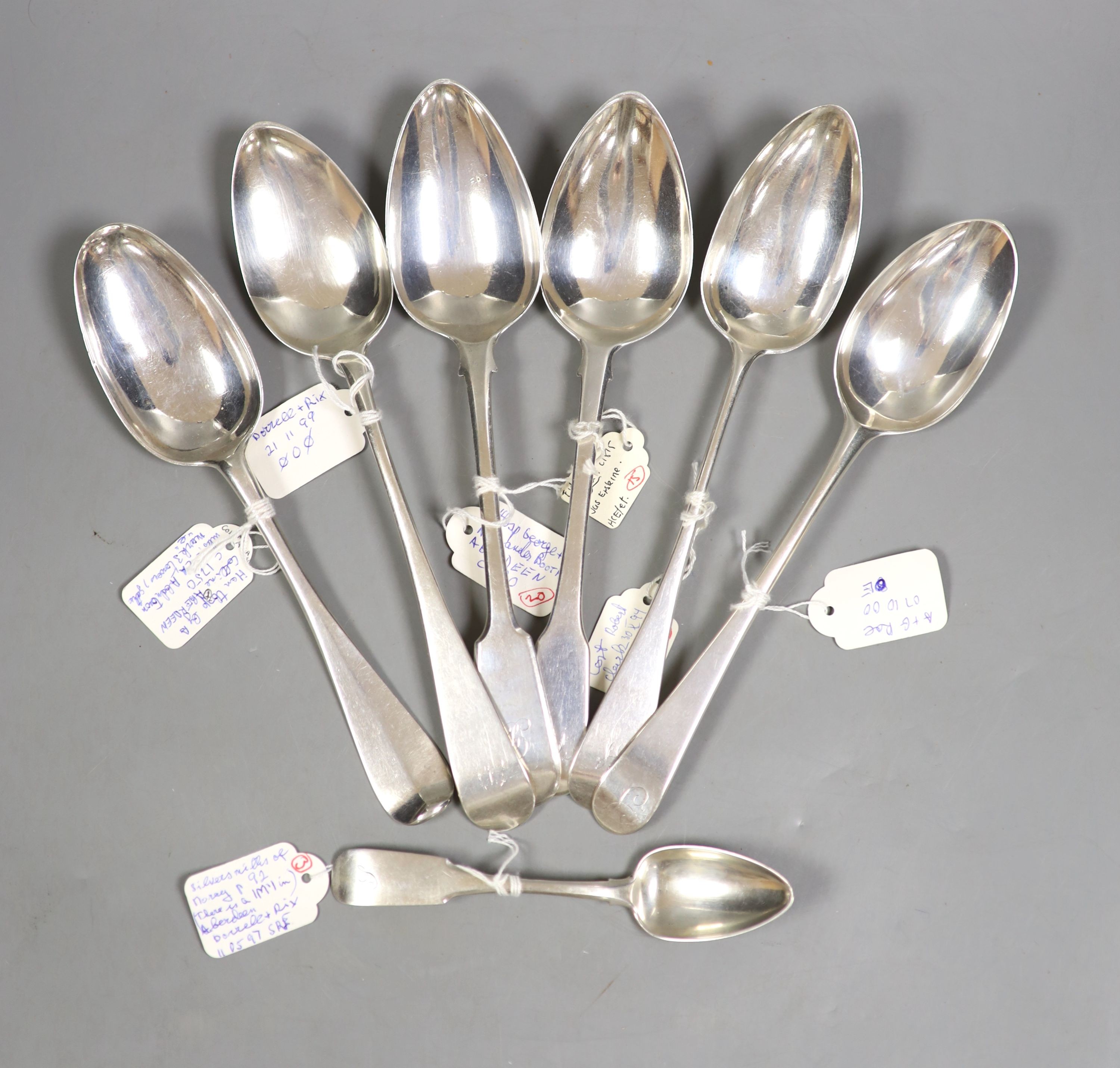 Six assorted 18th & 19th century Scottish provincial Aberdeen silver table spoons, of assorted patterns, including Coline Allen, James Erskine, John Ewan, Peter Lambert, James Gordon and George Booth, longest 22.6cm, tog
