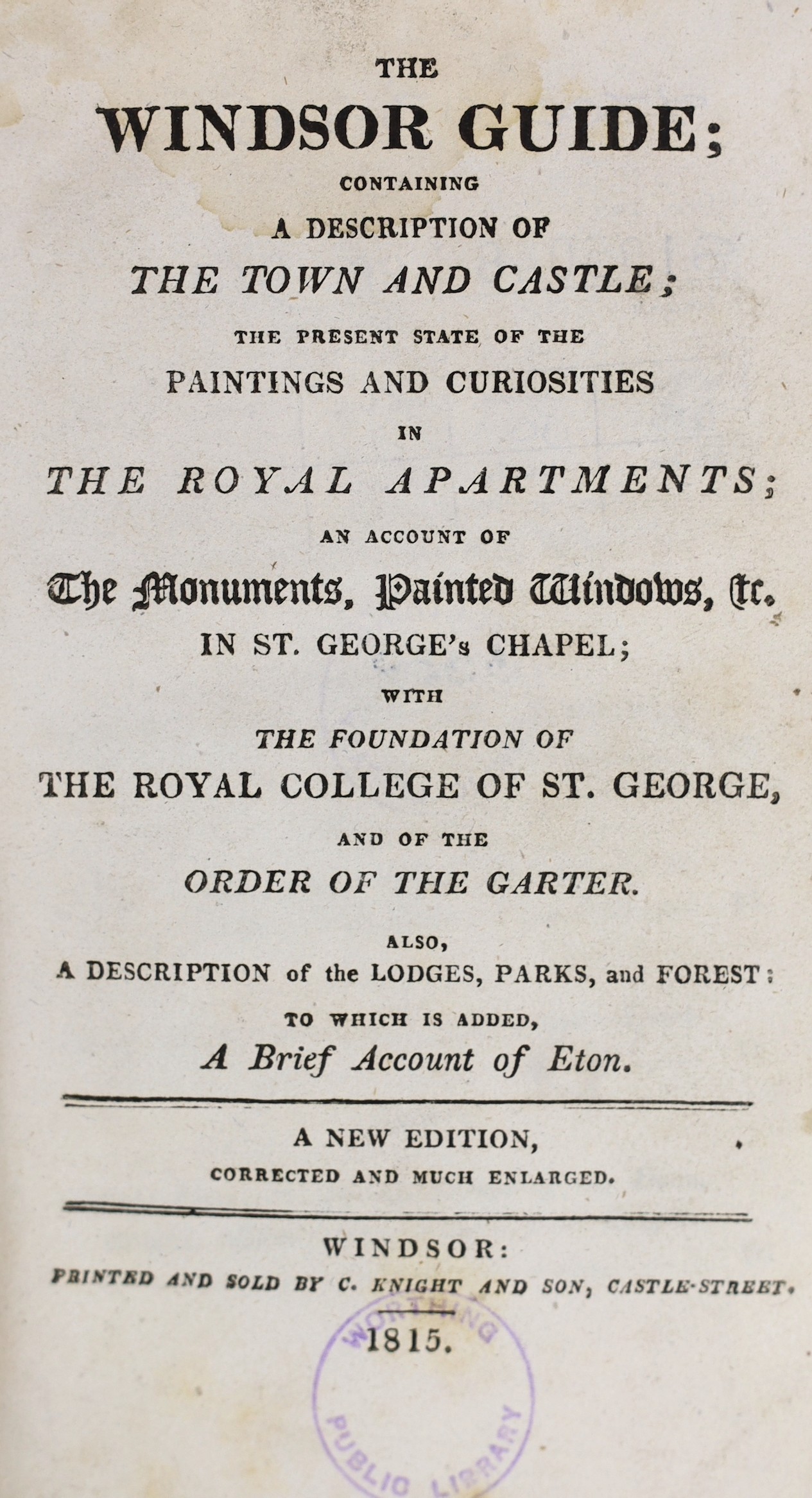 EASTBOURNE: A Description of East-Bourne and its Environs ... folded map and 3 plates; old half calf and marbled boards. East-bourne: printed for John Heatherley, 1819                                                     