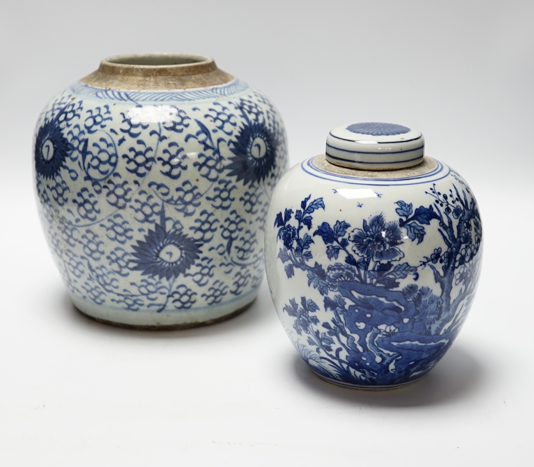 A Chinese blue and white jar and cover and another without cover, Qing dynasty and later largest 19cm high                                                                                                                  