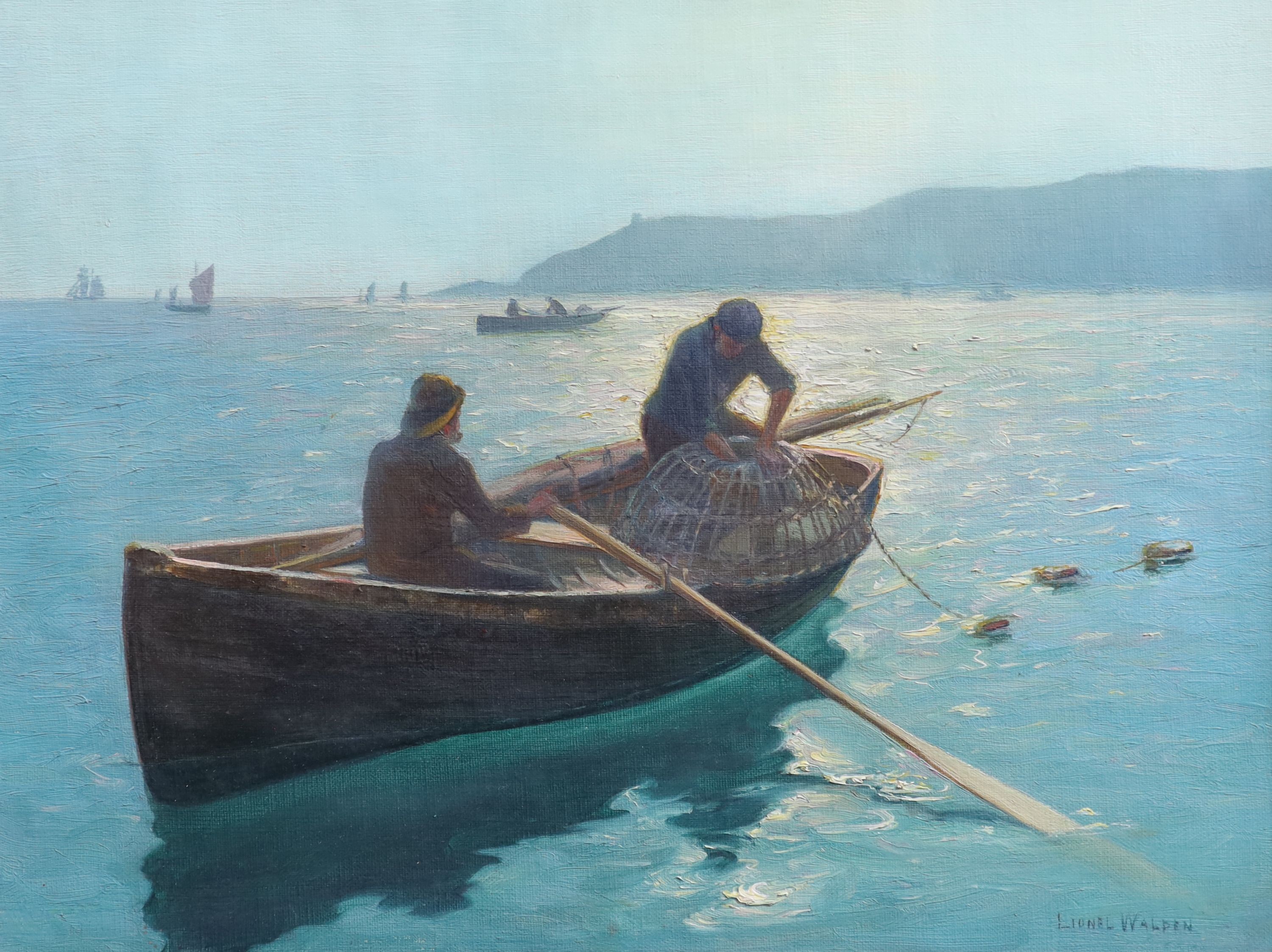 Lionel Walden (1861-1933), Cornish fishermen putting out lobster pots, Oil on canvas board, 32 x 42cm.                                                                                                                      