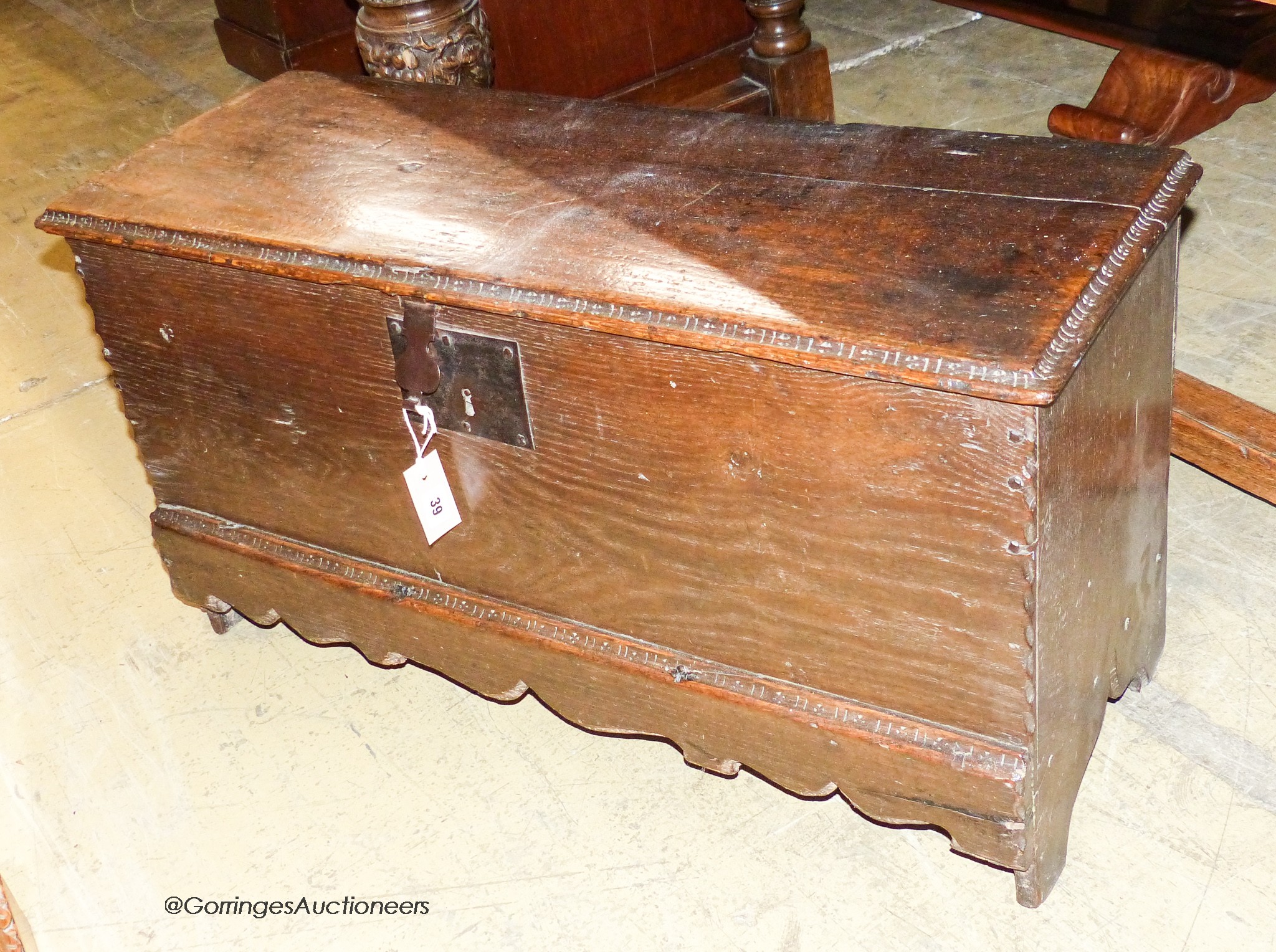 A late 17th / early 18th century small oak six-plank coffer, length 92cm, depth 34cm, height 49cm                                                                                                                           