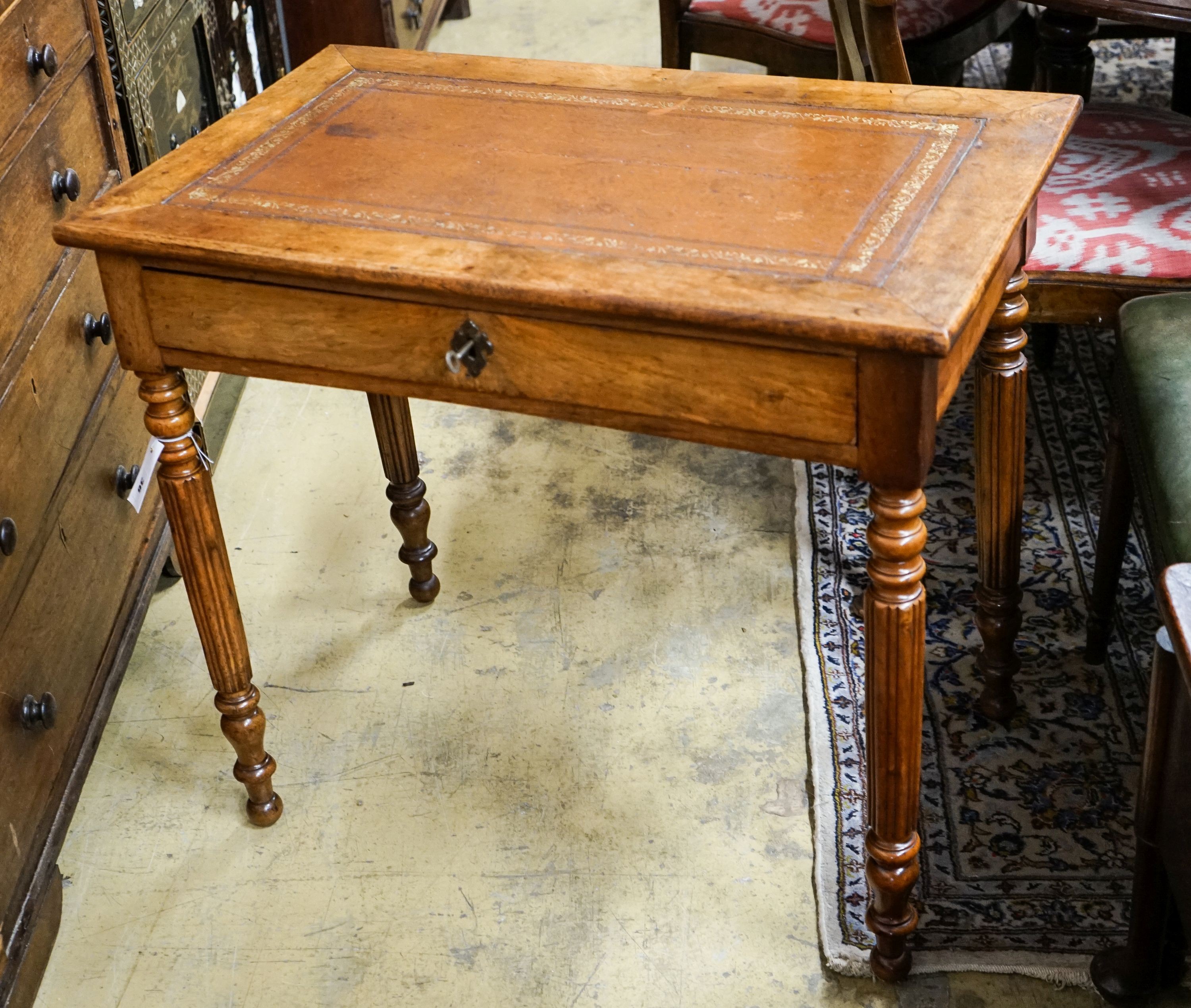 A 19th century French walnut single drawer writing table, width 80cm, depth 49cm, height 76cm                                                                                                                               