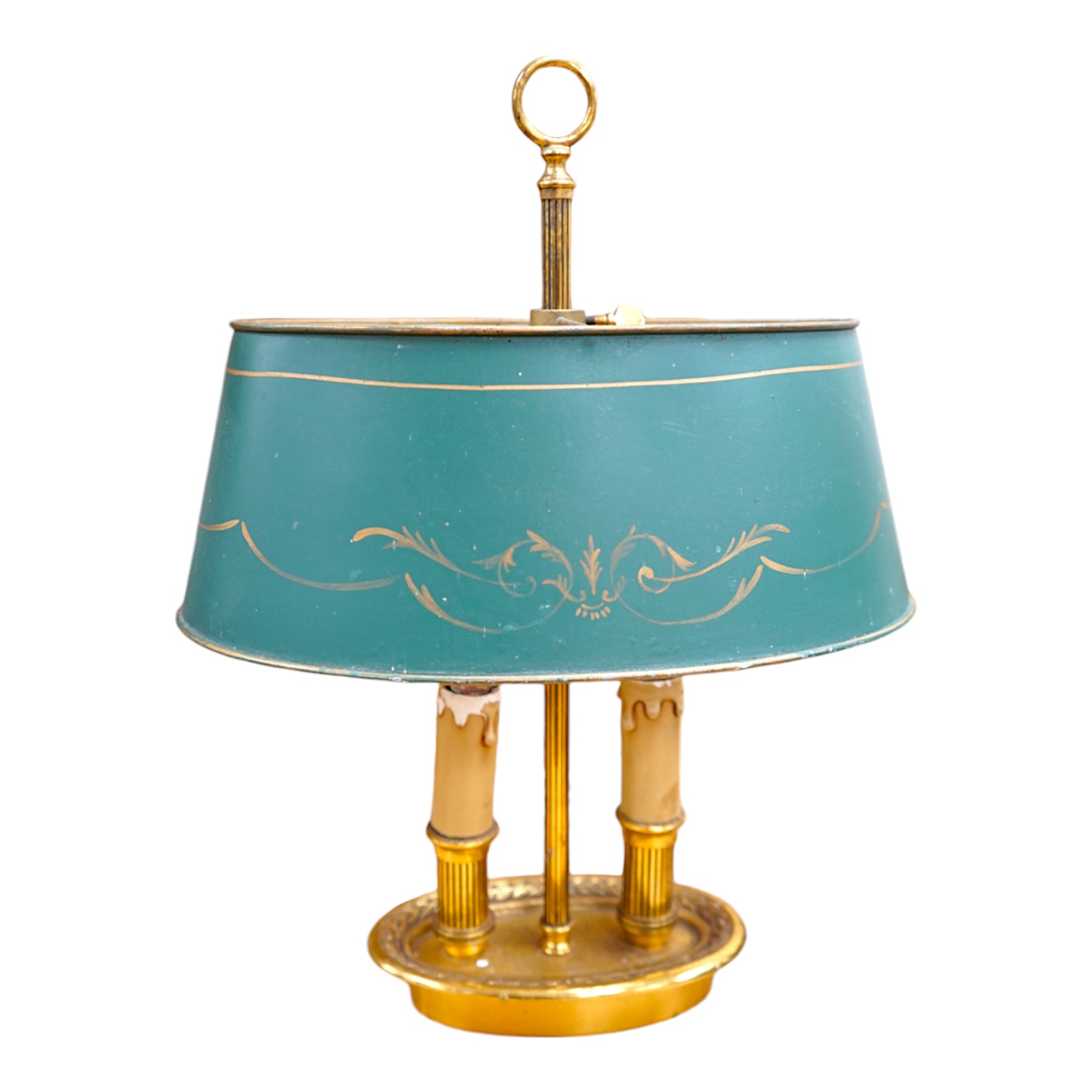 A French two light brass table lamp with toleware shade, 42cm high. Condition - some ware to toleware shade                                                                                                                 