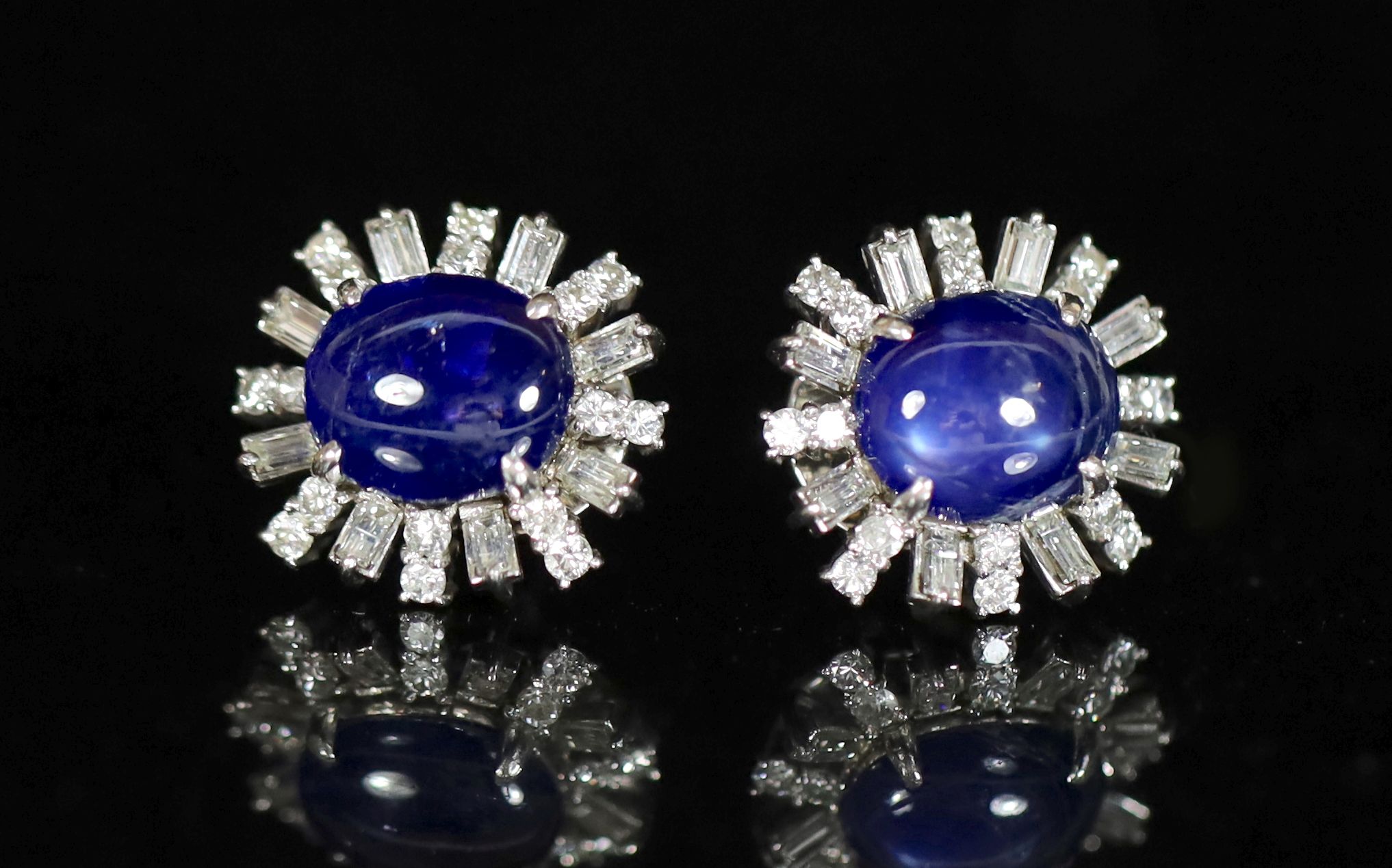 A pair of platinum?, cabochon sapphire and diamond cluster set earrings,                                                                                                                                                    