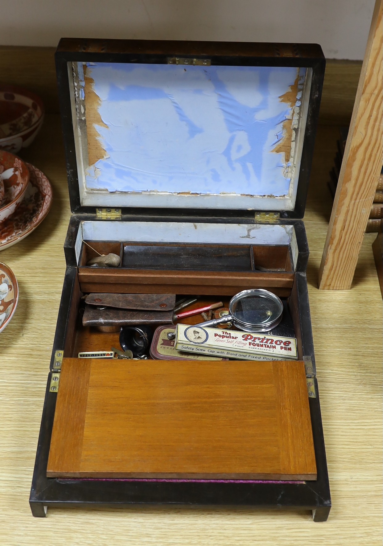 A 19th century inlaid writing slope and assorted contents                                                                                                                                                                   