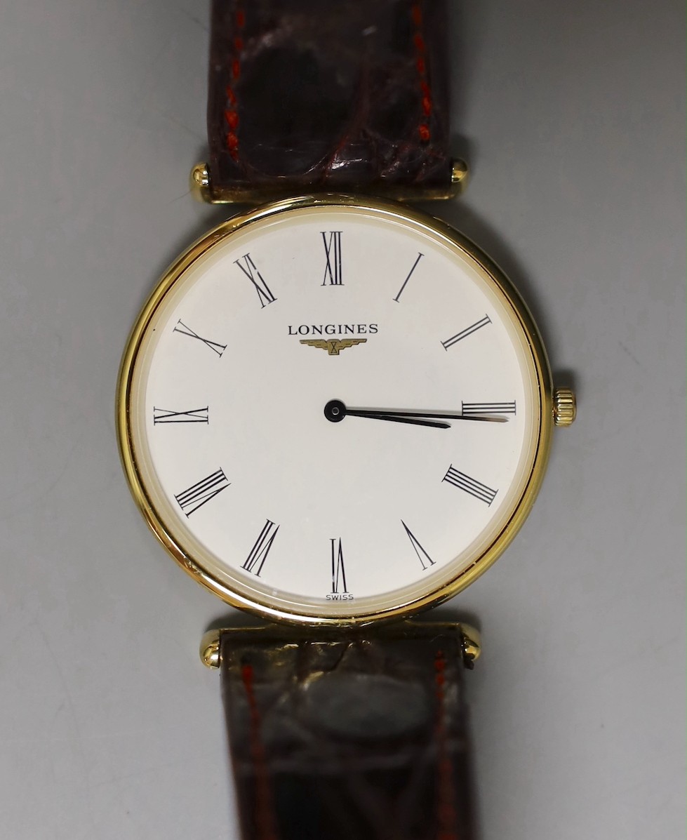 A gentleman's Longines 'Le Grande Classique' gold plated wristwatch, with box and papers                                                                                                                                    