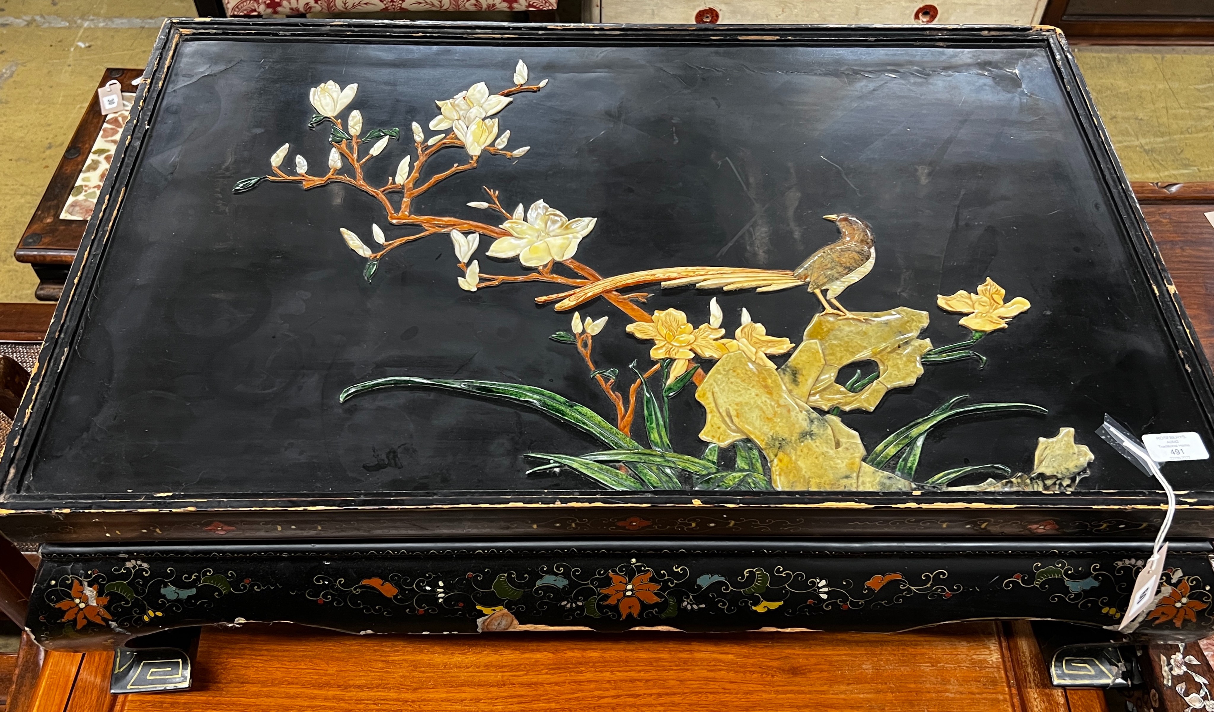 A rectangular Chinese lacquer hardstone mounted low table, length 81cm, width 51cm, height 31cm                                                                                                                             