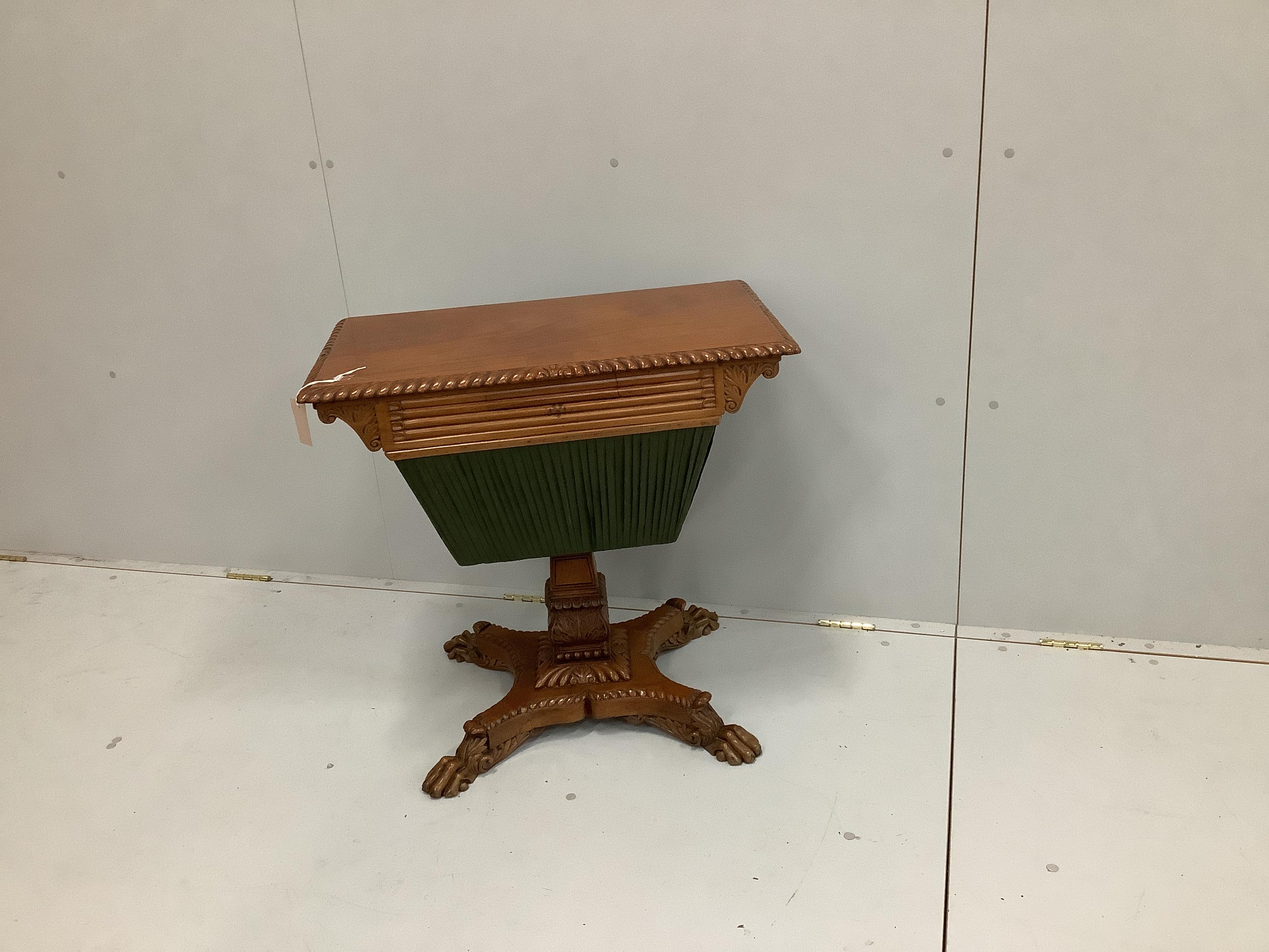 A William IV style carved rectangular mahogany sewing table, width 72cm, depth 43cm, height 70cm                                                                                                                            