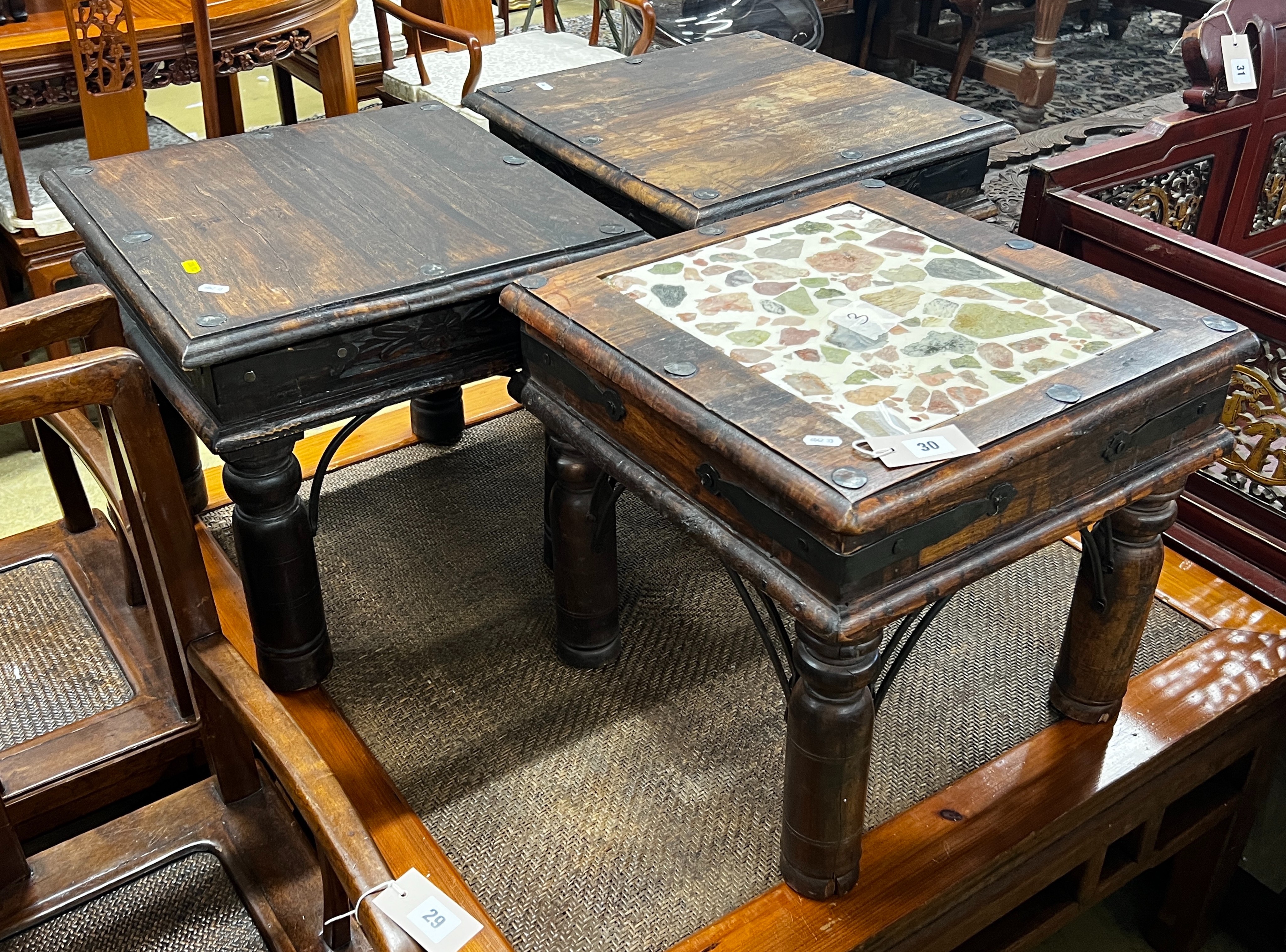 An Indian tile top hardwood table and two similar small tables, largest width 46cm, depth 45cm, height 41cm                                                                                                                 