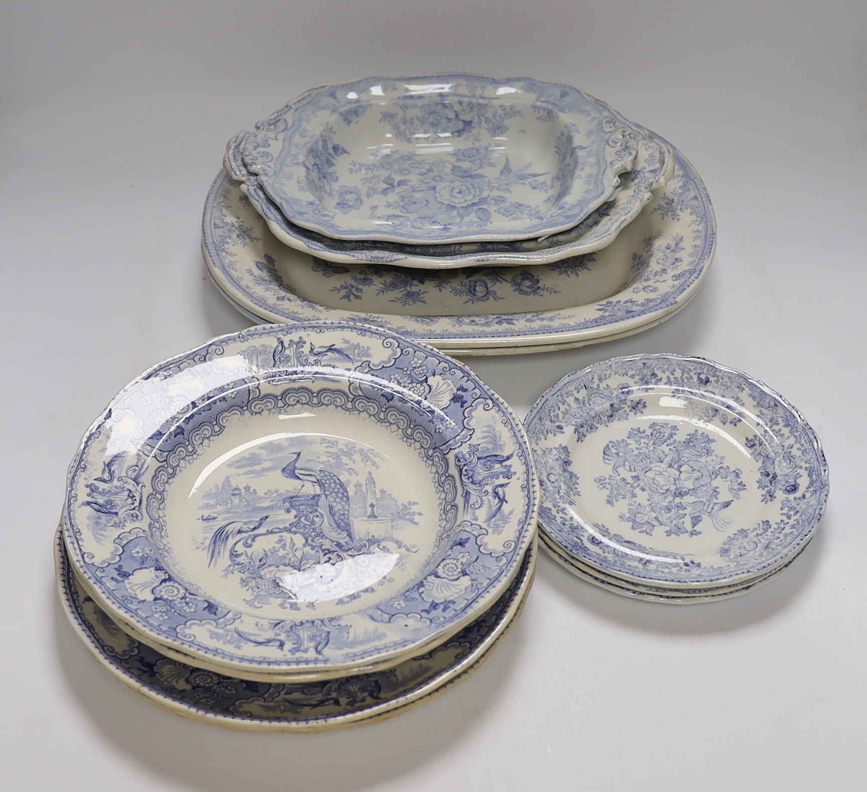 A collection of 19th century Staffordshire pottery blue and white dinner wares, (10 dishes in various sizes).                                                                                                               