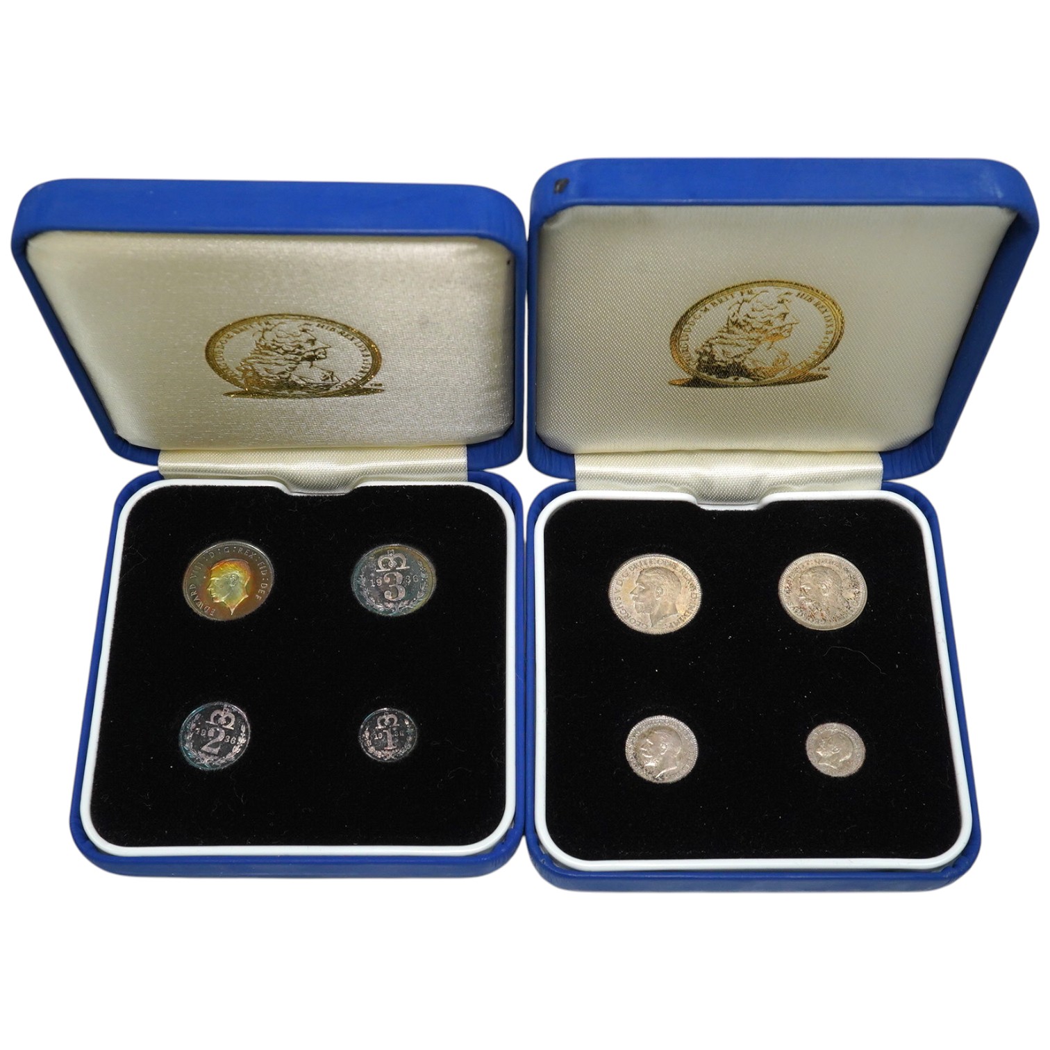 British silver coins, George V maundy set, 1931, 1d - 4d, UNC with much original lustre and Edward VIII fantasy Maundy set dated 1936, both in later cases                                                                  