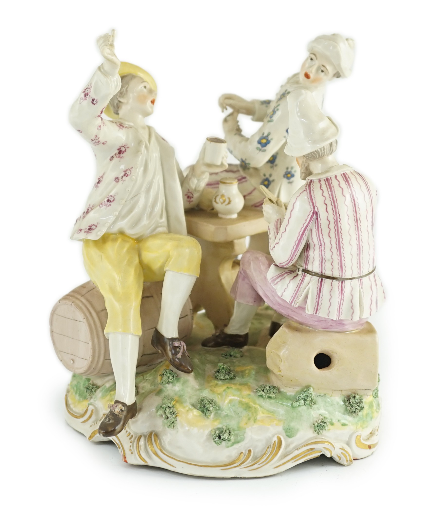 A Frankenthal porcelain group of three carousing men, c.1770-75, modelled by Karl Gottlieb Lück, 20cm high, 19cm wide, restored letter, Provenance - purchased from Winifred Williams, Eastbourne/London before 1970.       