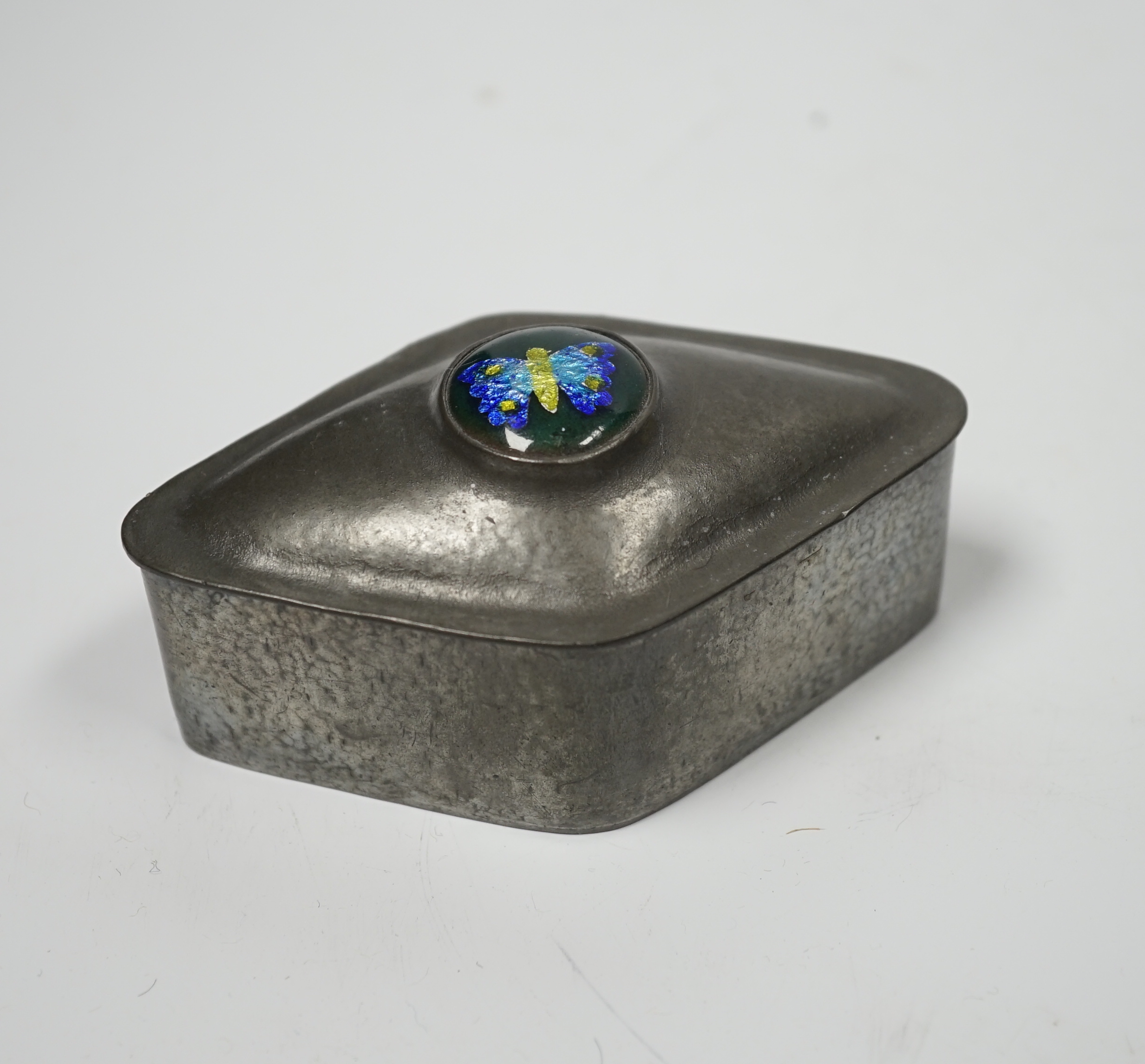 A Liberty & Co pewter and enamelled diamond shaped box and cover, numbered 0907, 10 cm wide                                                                                                                                 