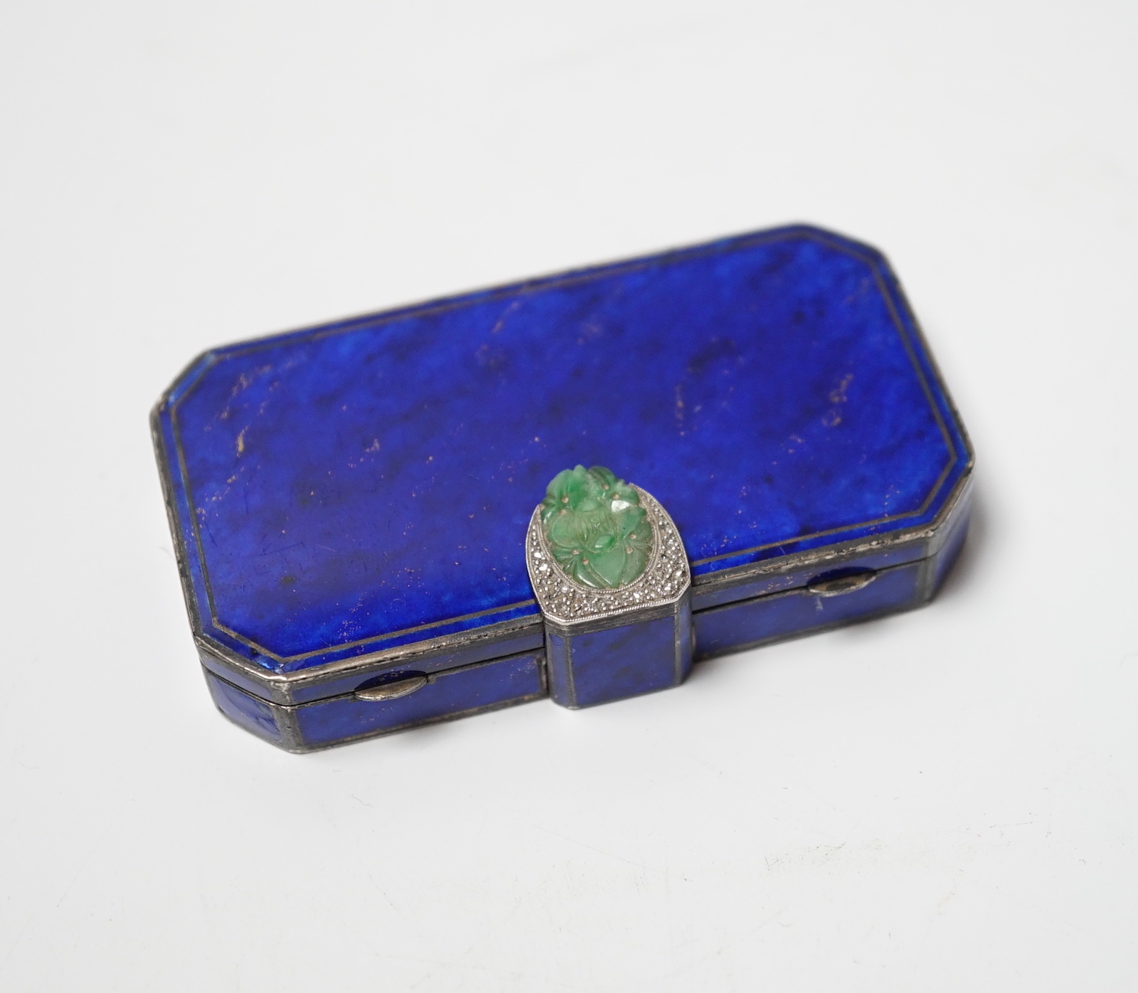 A 1920's French silver, enamel, jade and rose cut diamond chip set minaudiere, import marks for Tiffany & Co, London, 1926, of rectangular form with canted corners, 73mm (a.f.)                                            