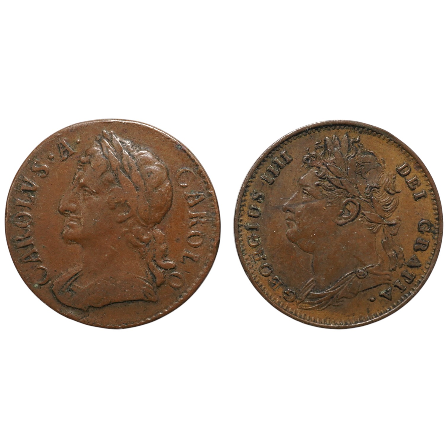 British coins, Charles II copper farthing 1675, near VF and a George IV farthing 1826, about EF                                                                                                                             