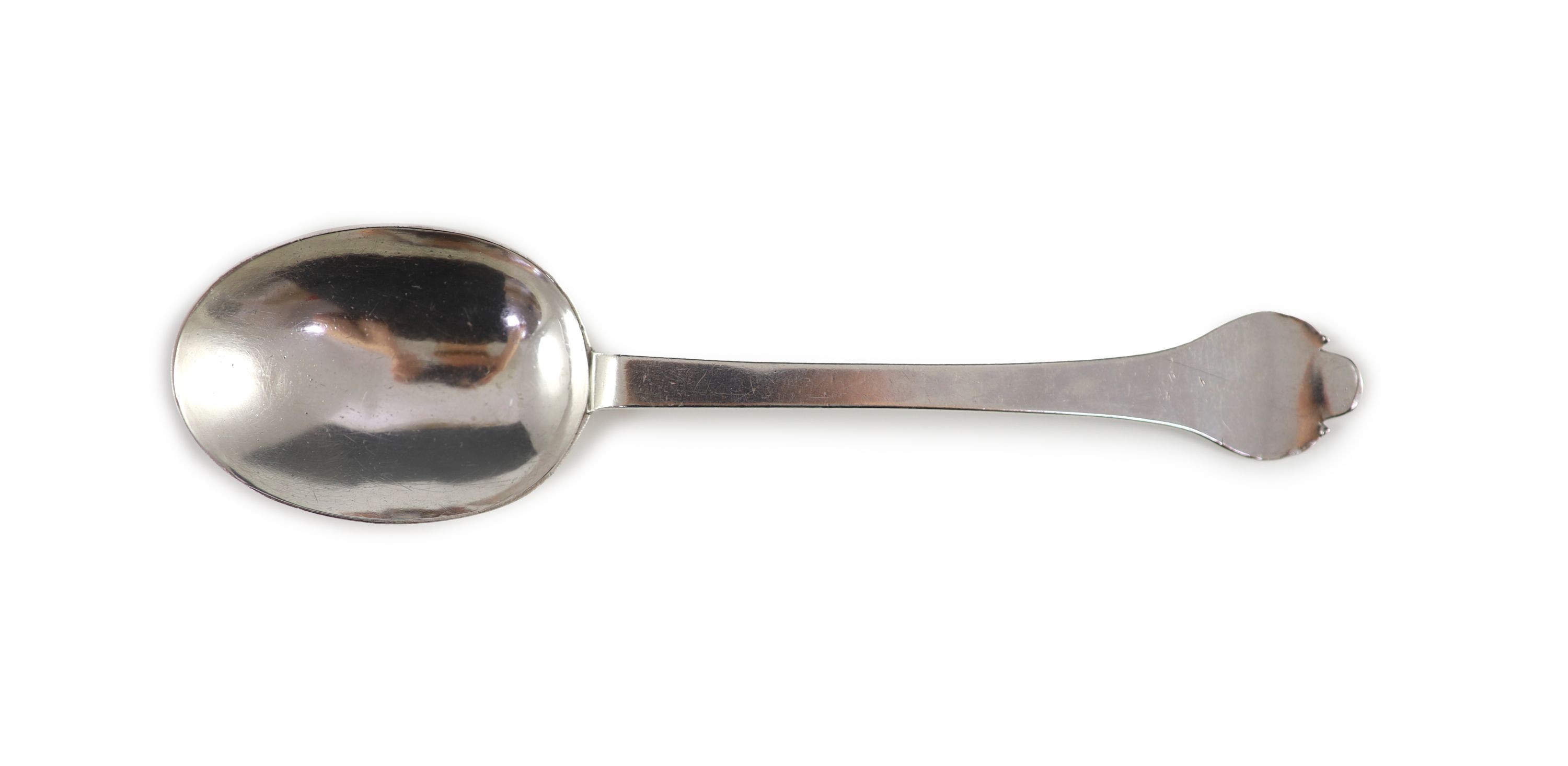 A Charles II silver trefid spoon, initaled ‘R.H’, London, 1681 by John King, 20cm long, 2oz.                                                                                                                                