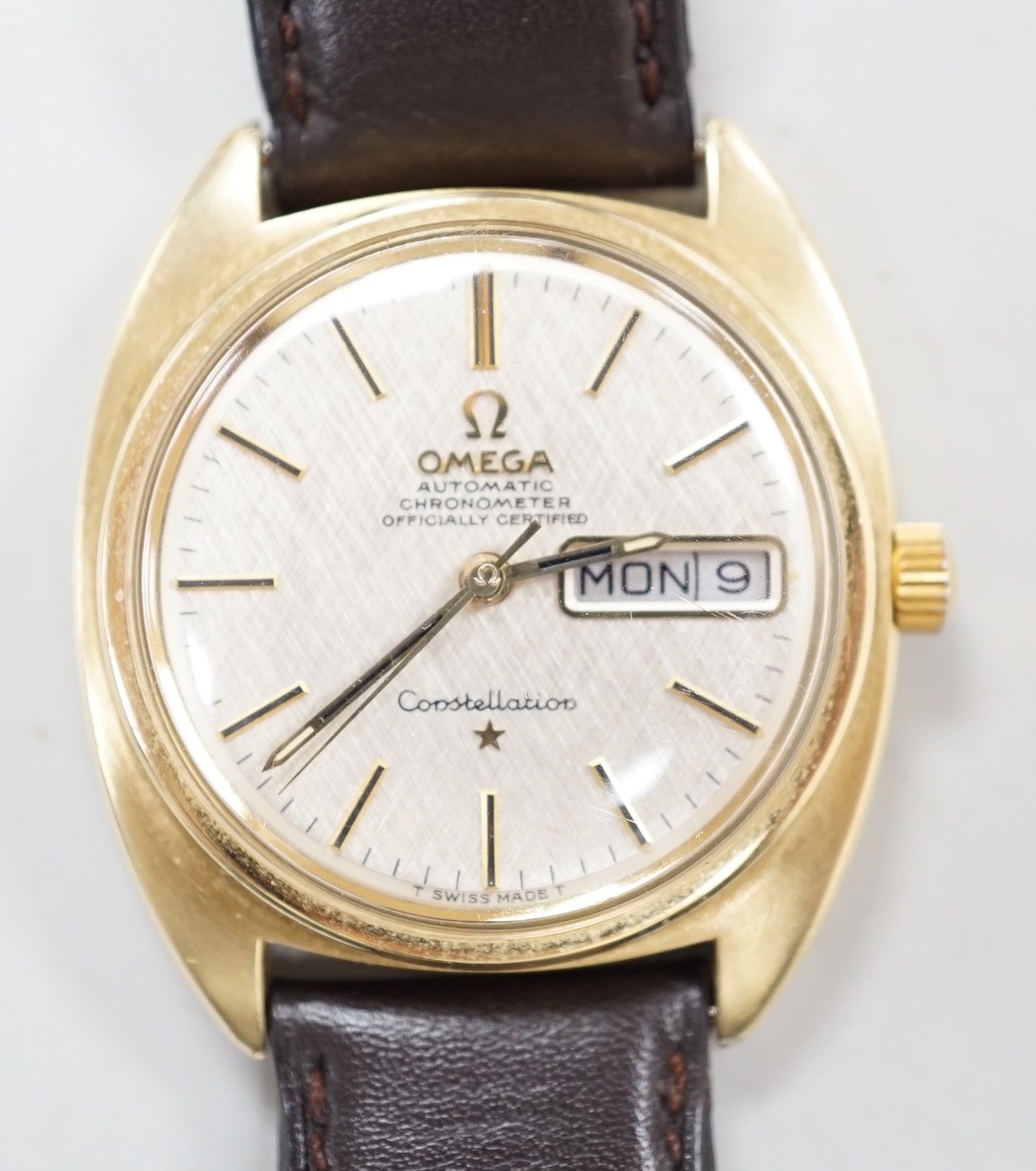 A gentleman's 1960's? steel and gold plated Omega Constellation Automatic wrist watch, on associated leather strap, case diameter 34mm, no box or papers.                                                                   