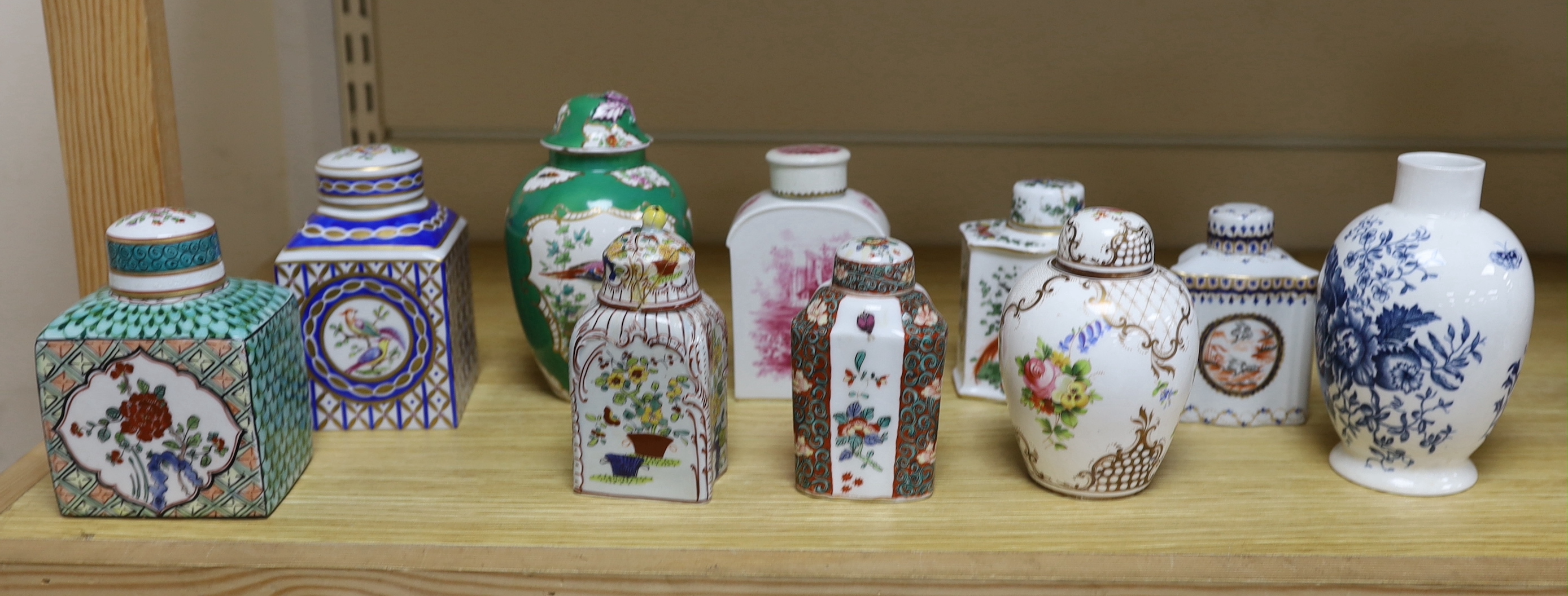 A collection of Paris porcelain tea canisters, imitating Sevres, Chinese export etc. tallest jar and cover 15cm high                                                                                                        