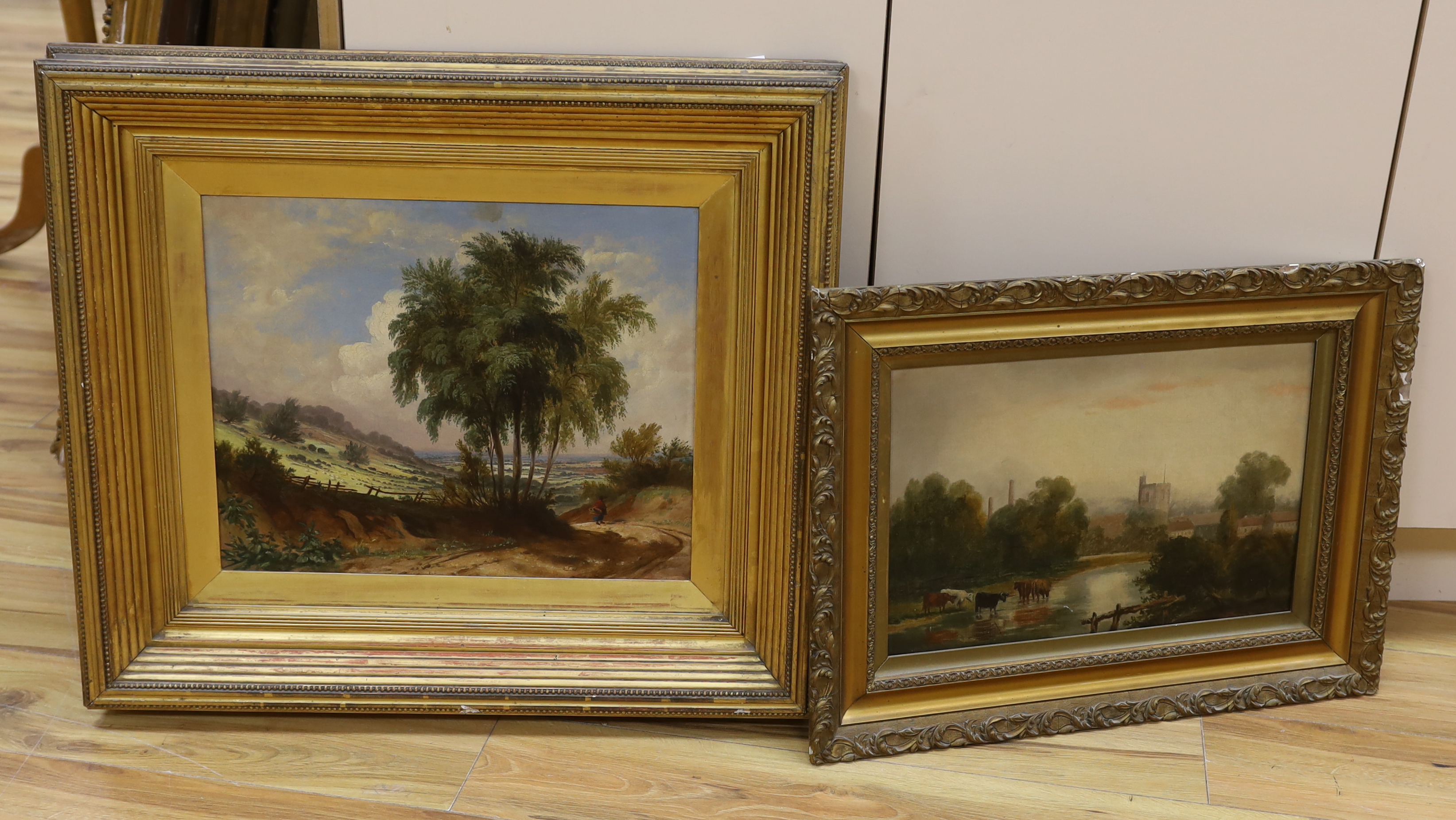 Two late 19th / early 20th century oils on canvas, Figure on a pathway and cattle beside a stream, each unsigned, largest 37 x 46cm, ornate gilt framed                                                                     