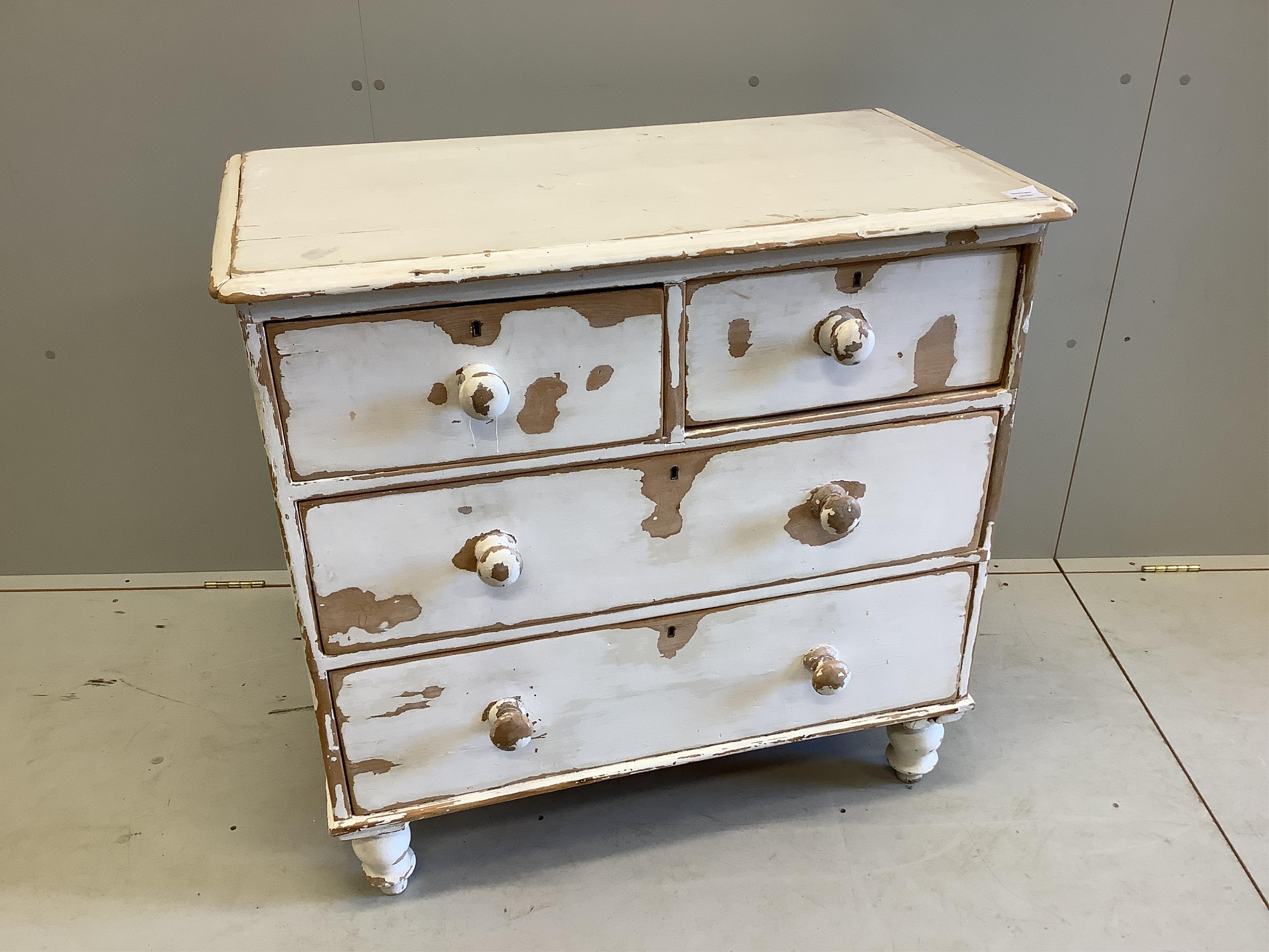 A small Victorian pine four drawer chest, later painted, width 90cm, depth 49cm, height 88cm. Condition - fair                                                                                                              